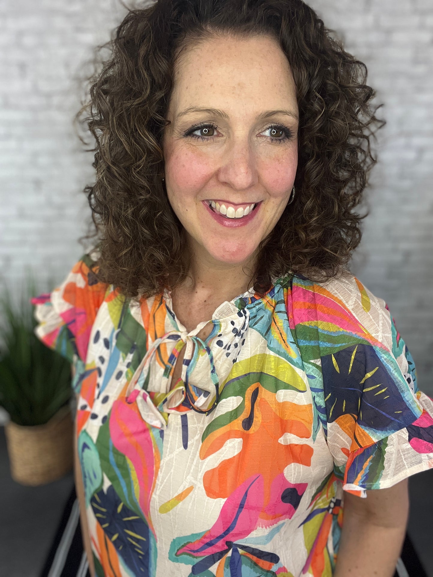 Tropical Print Puffed Sleeve Top