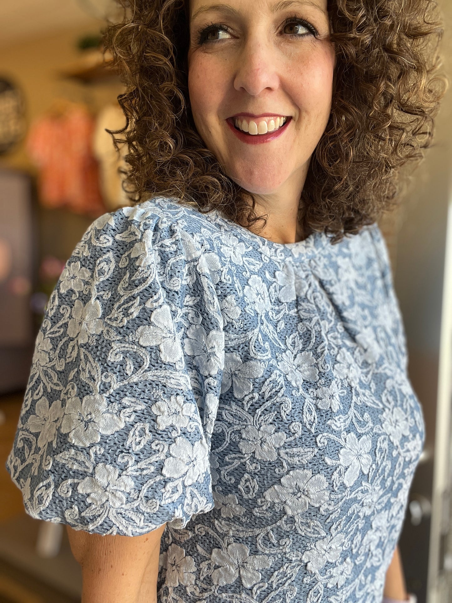Blue Textured Floral Top with Puff Sleeves