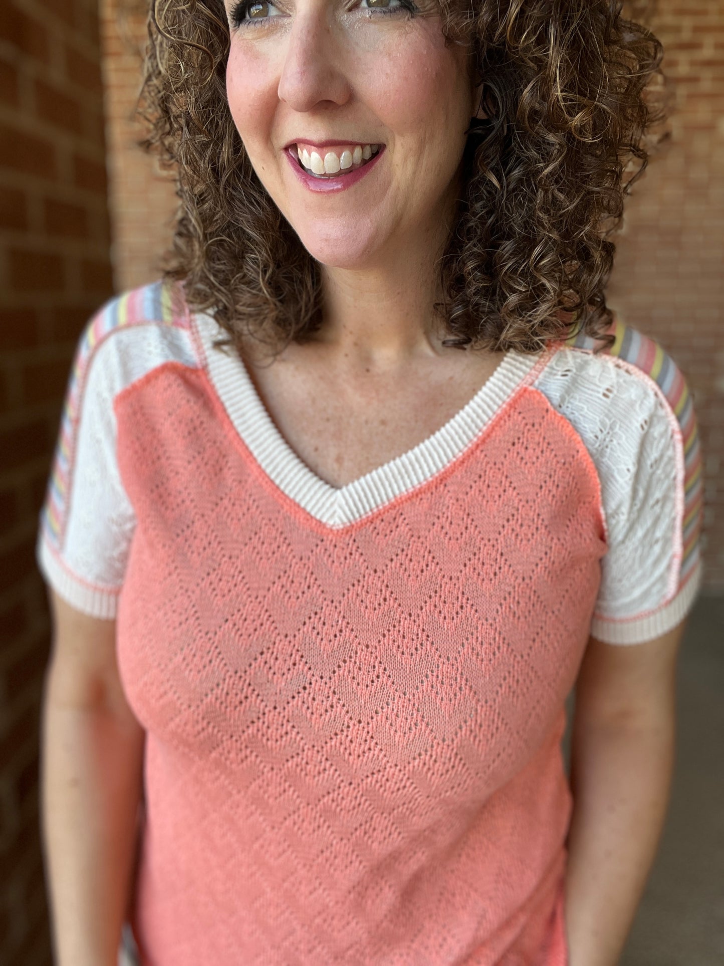 Mixed Fabric V Neck Top