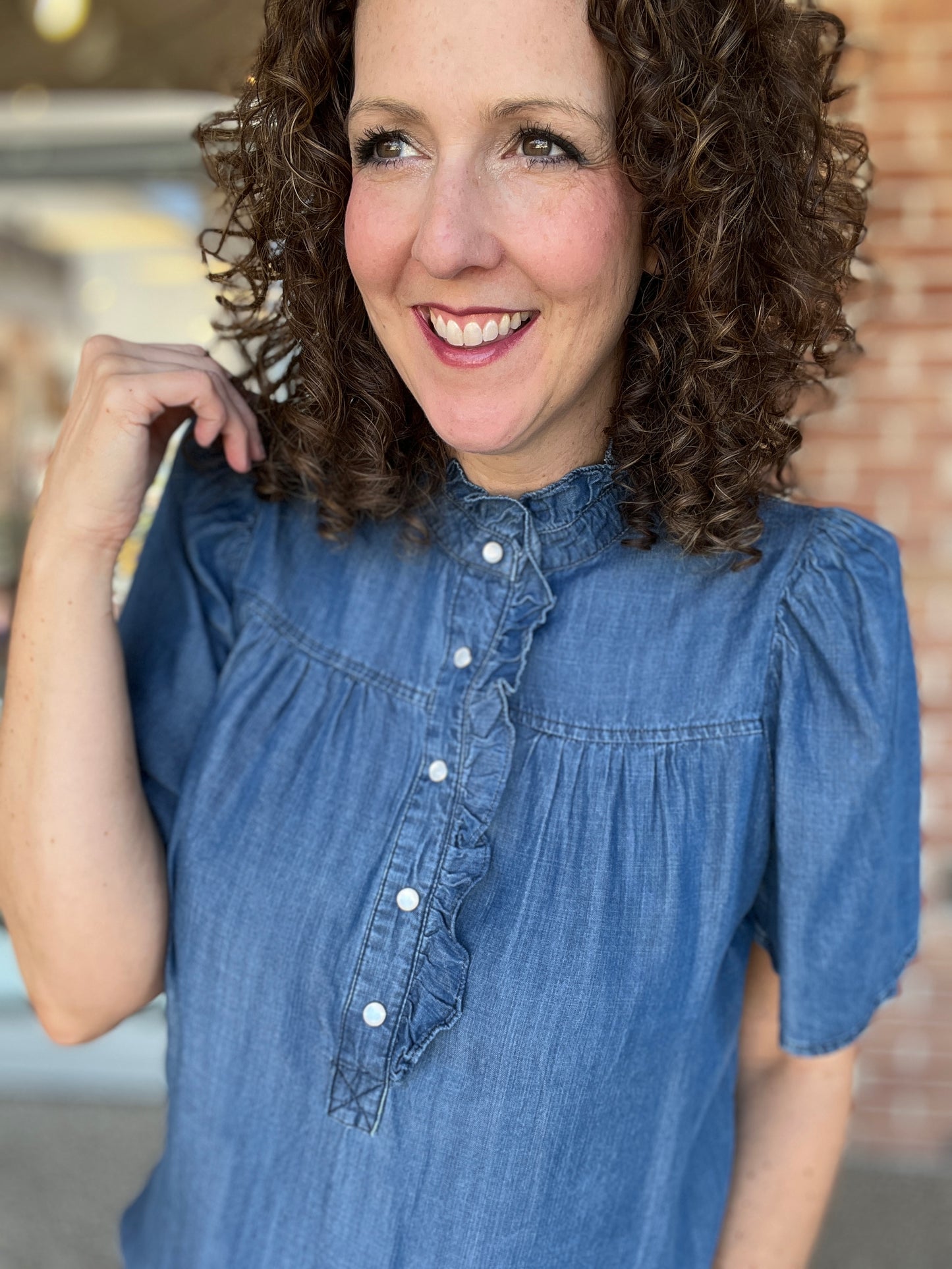 Chambray Snap & Ruffle Top