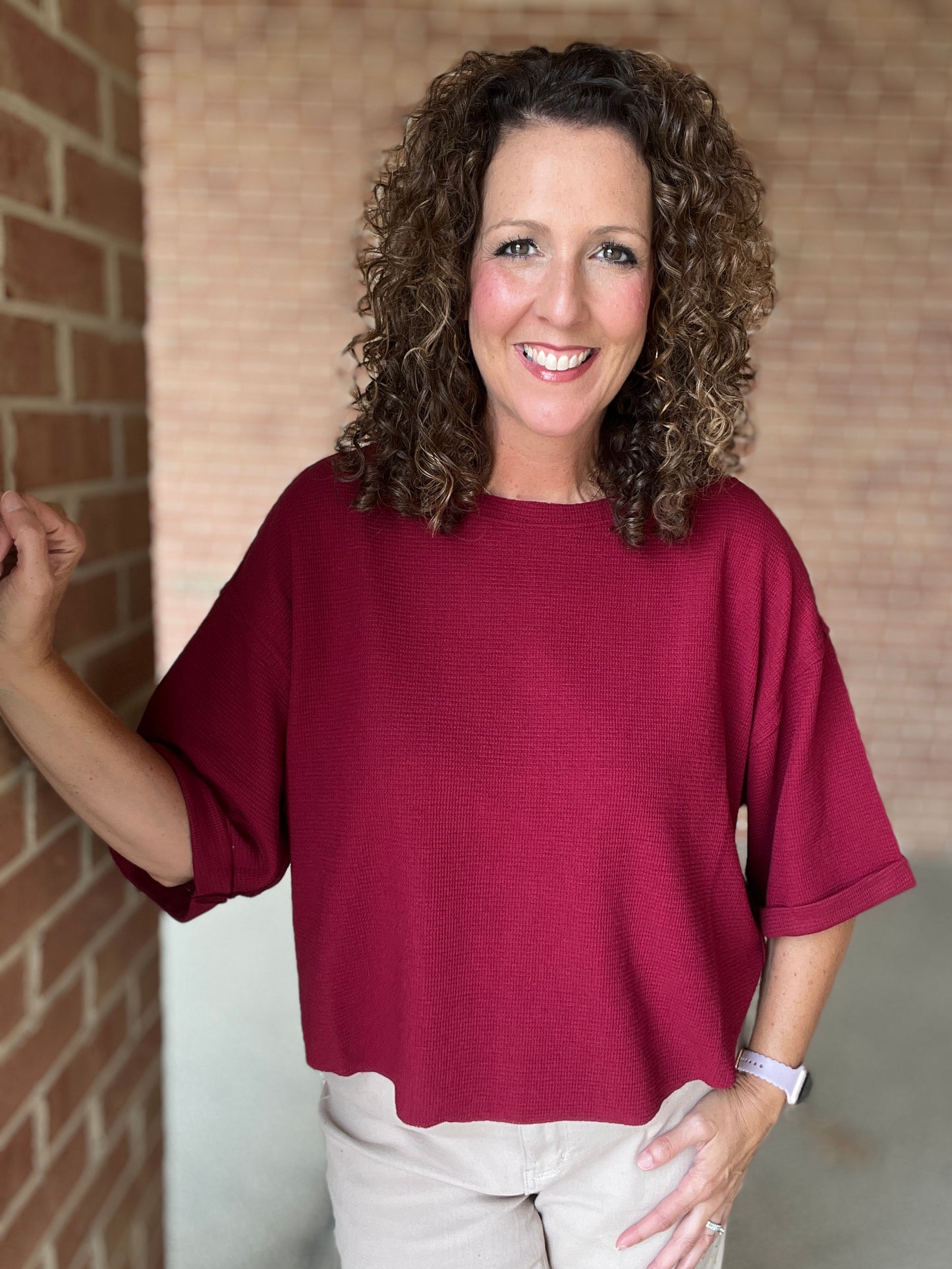 Waffle Knit Rounded Hem Top