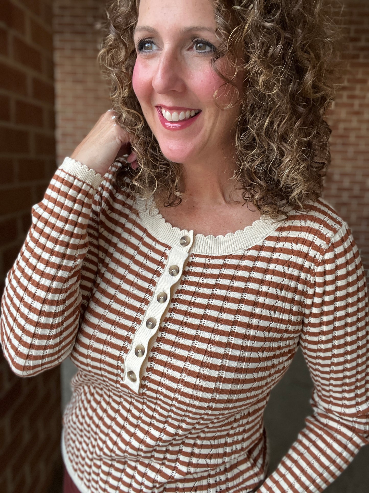 Pointelle Knit Striped Henley Top
