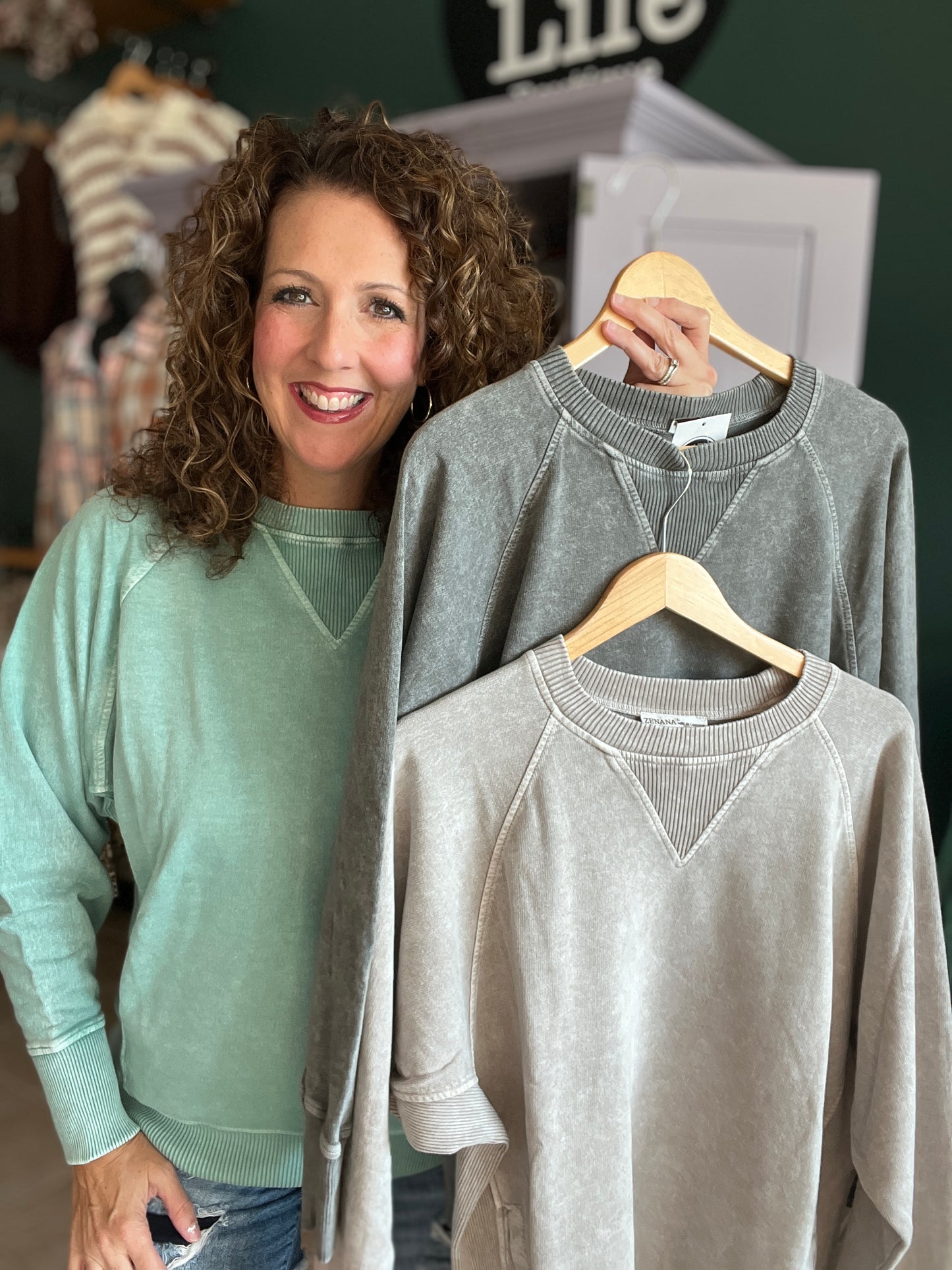 Acid Wash Sweatshirt with Ribbed Detail & Pockets