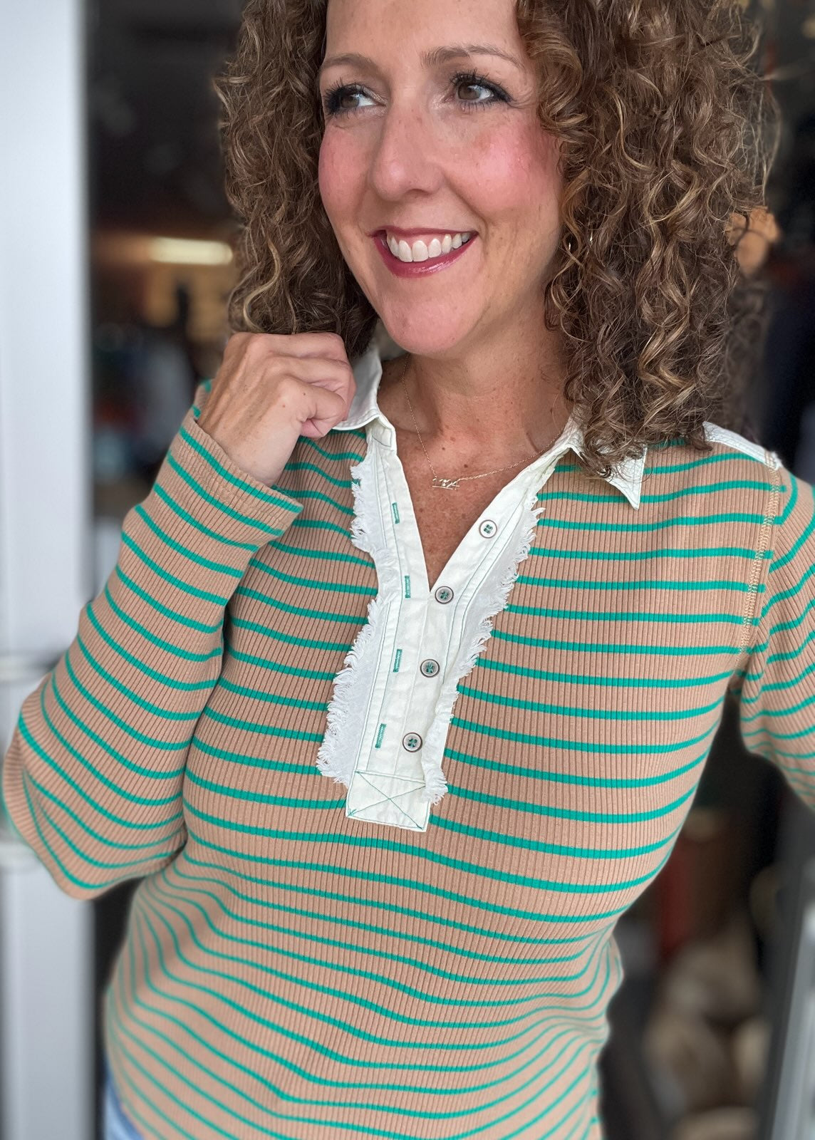 Striped Ribbed Knit Henley with Frayed Detail