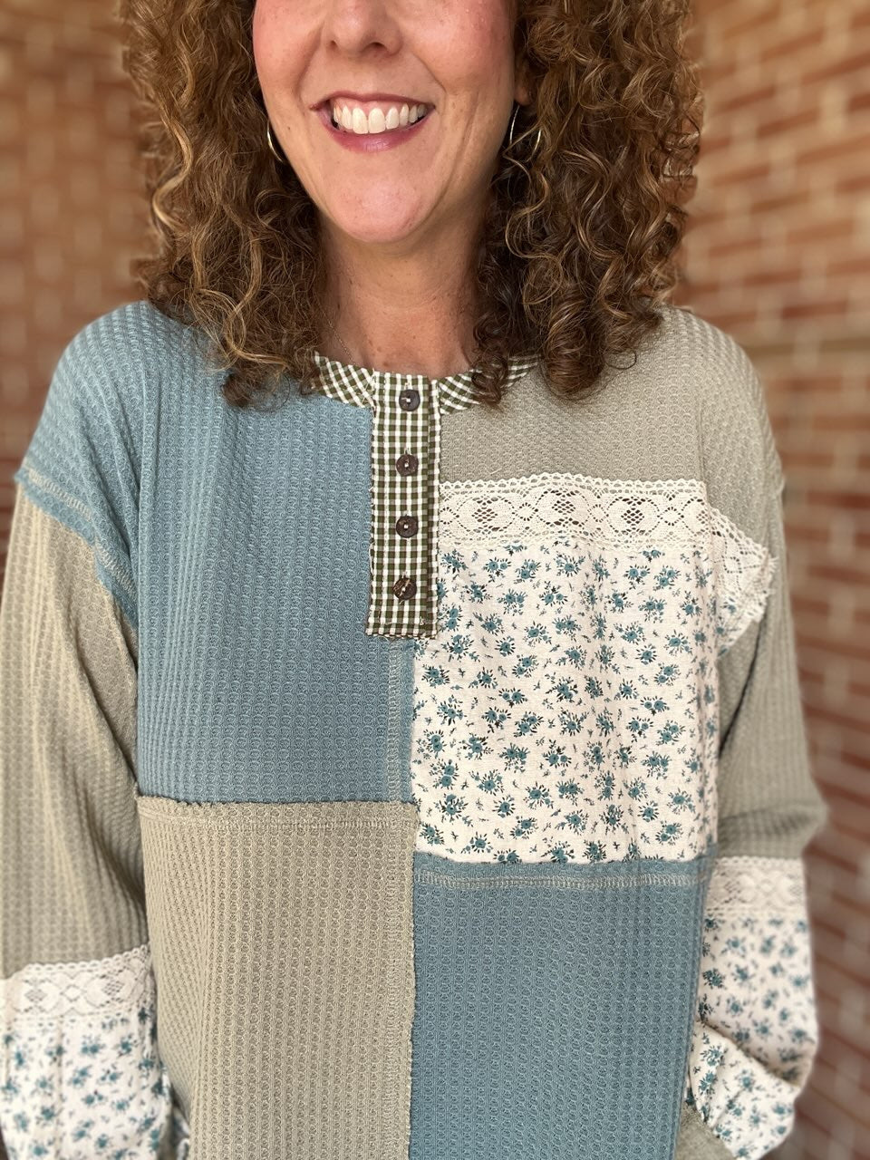 Mixed Fabric Henley with Lace Details