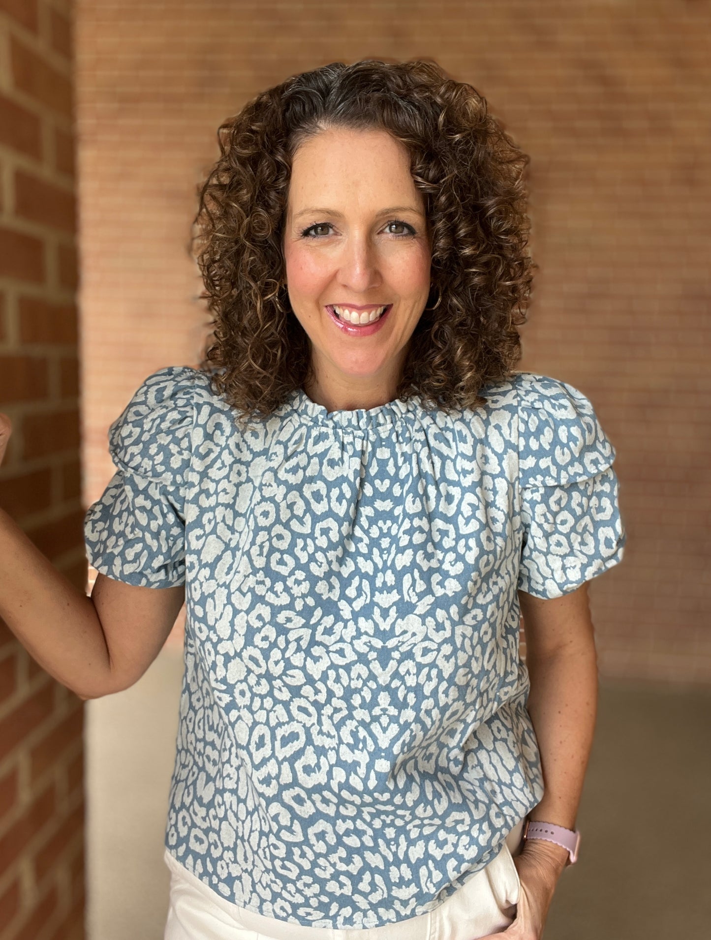 Leopard Denim Top with Puff Sleeves