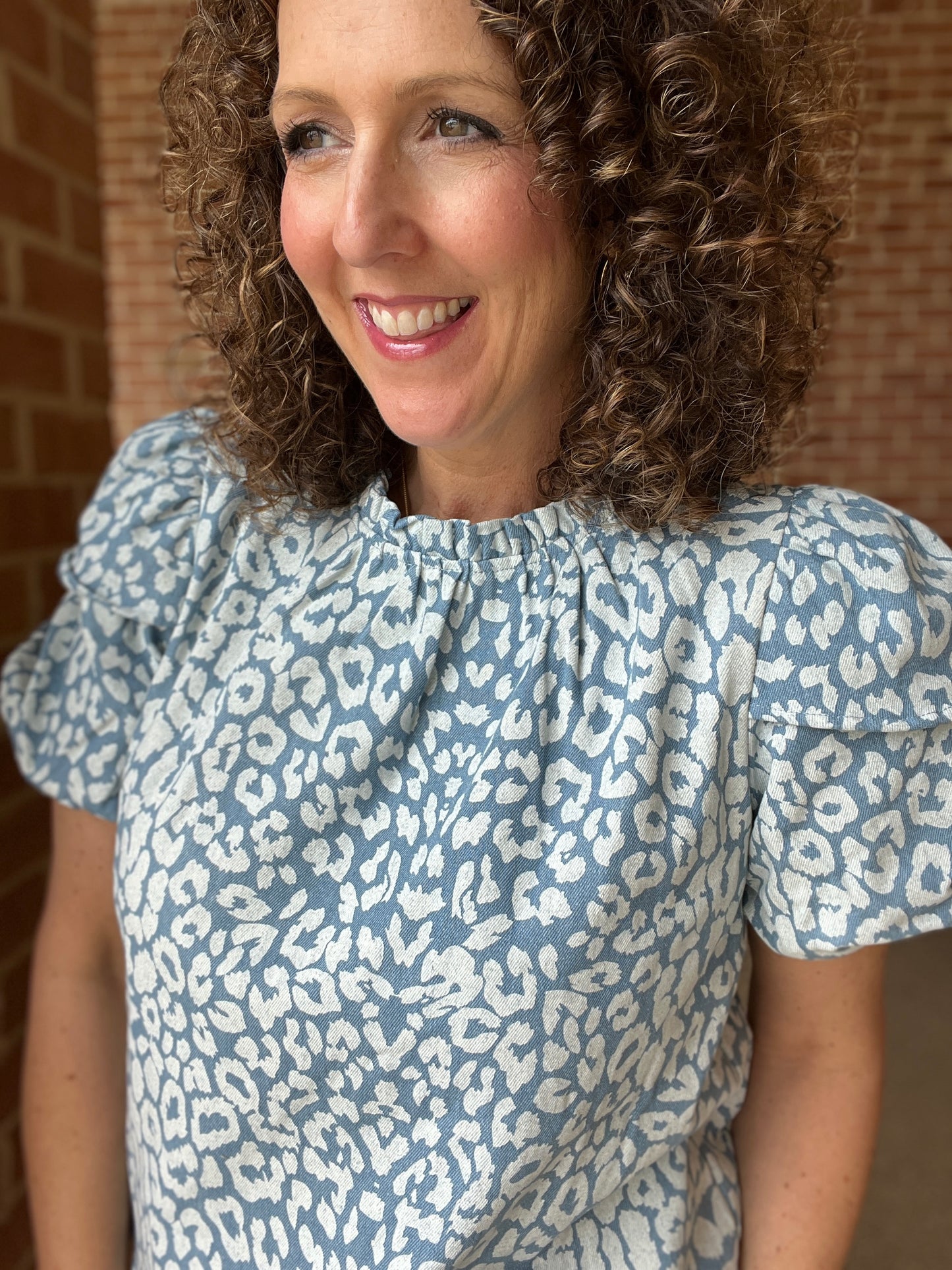 Leopard Denim Top with Puff Sleeves