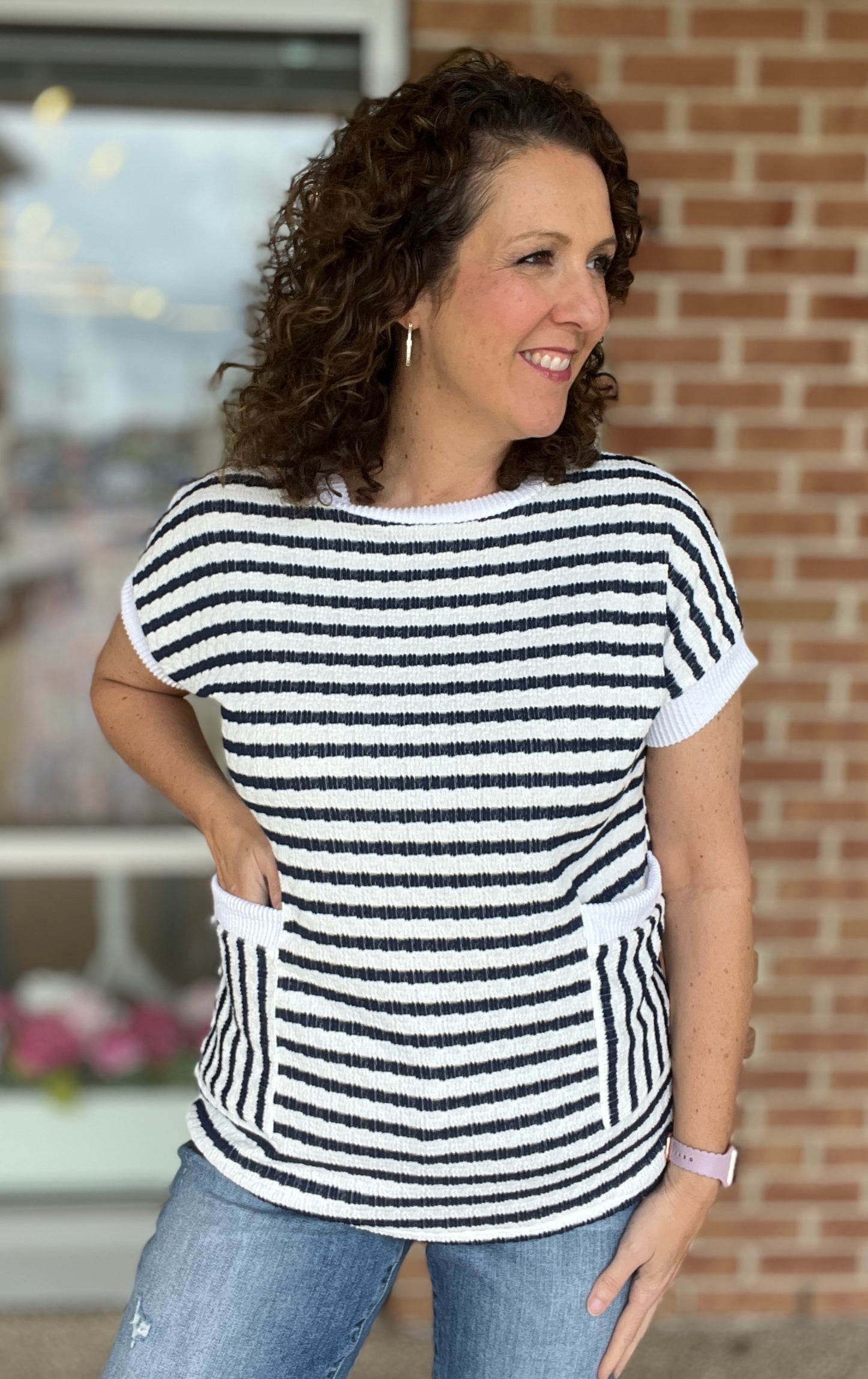 Striped Textured Top with Pockets