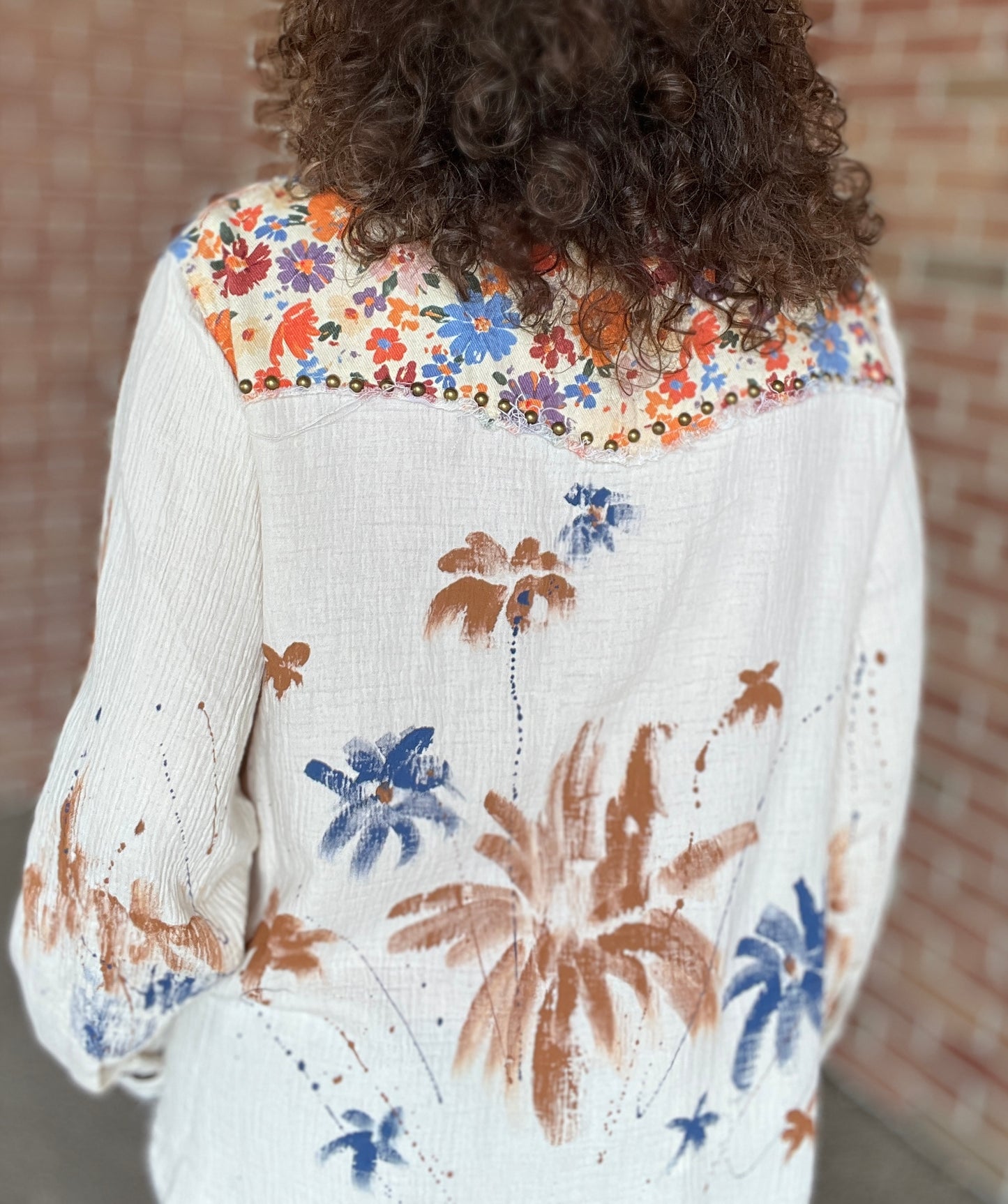 Mixed Fabric Button Down with Paint and Stud Details