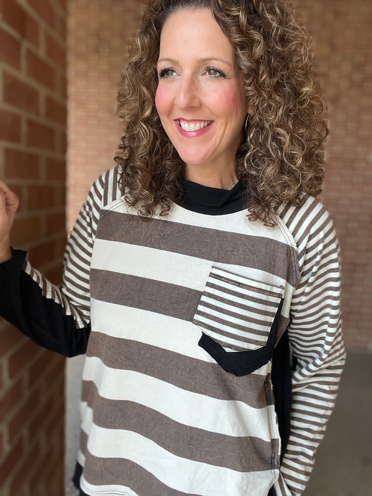 Washed Mock Neck Striped Top