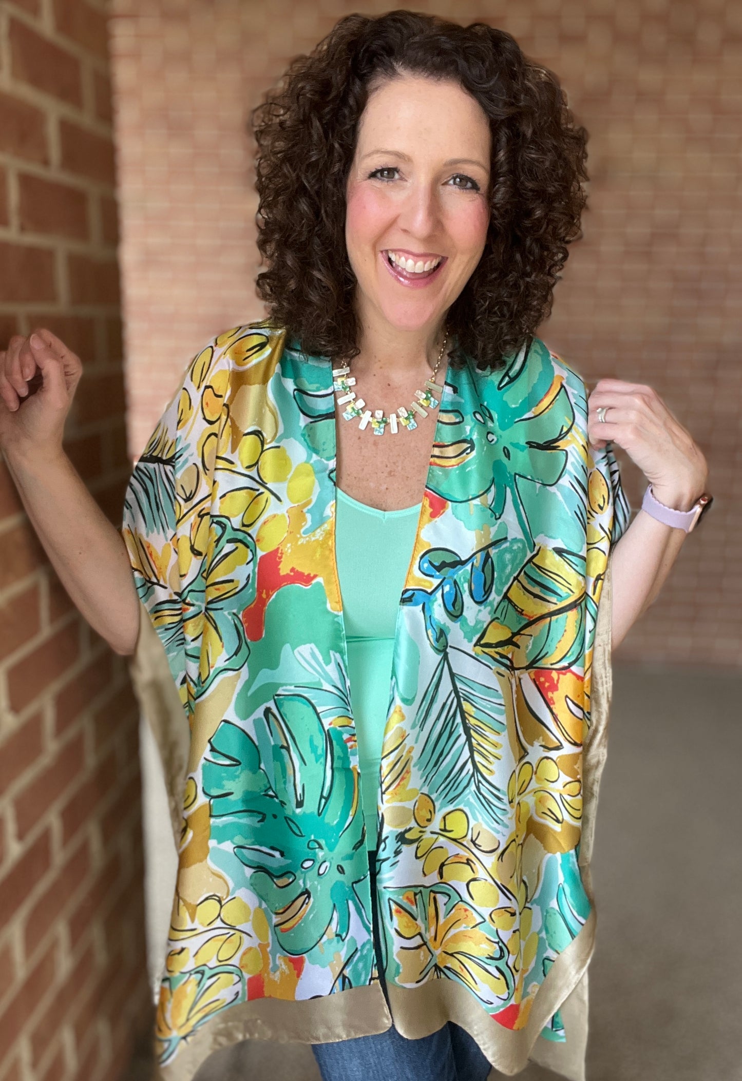 Green Tropical Print Kimono