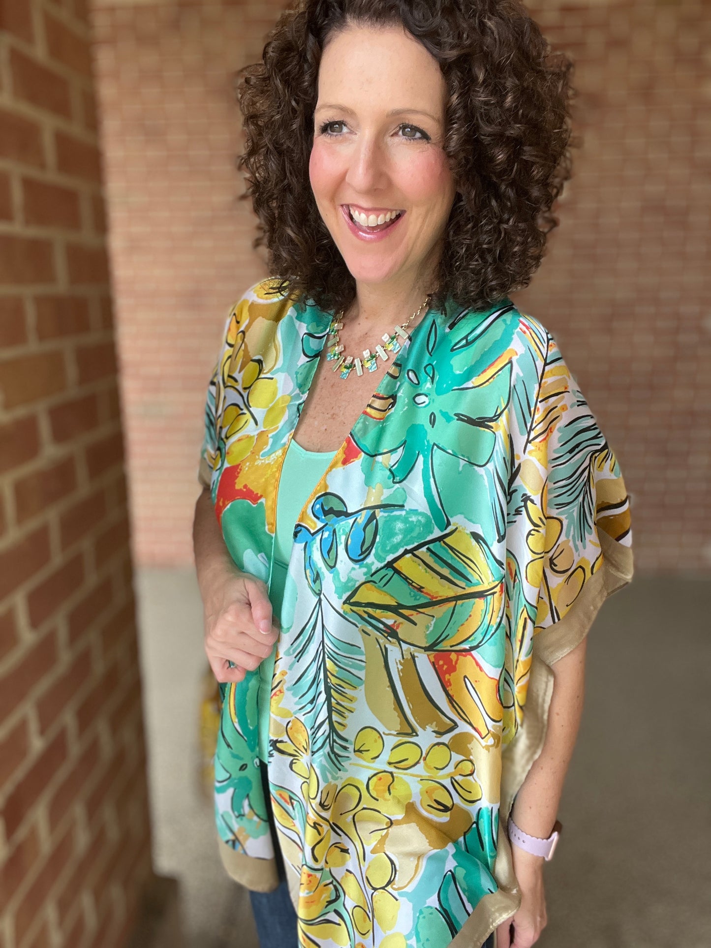 Green Tropical Print Kimono