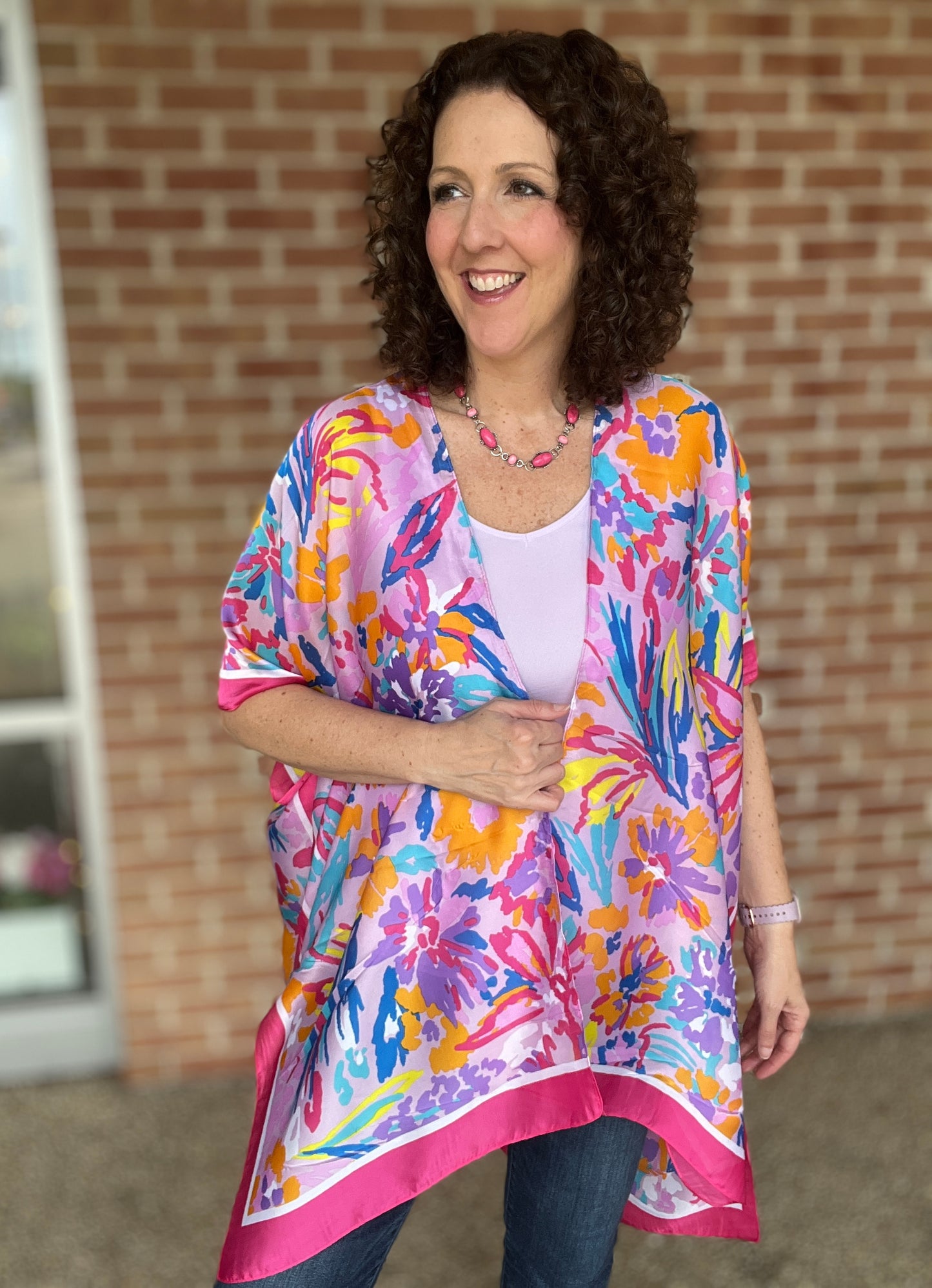 Pink Trim Floral Kimono