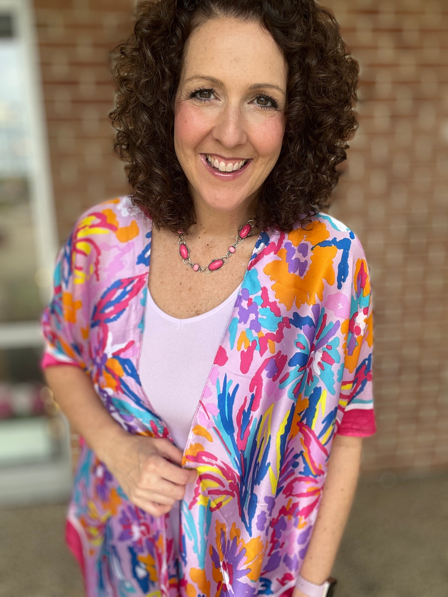 Pink Trim Floral Kimono