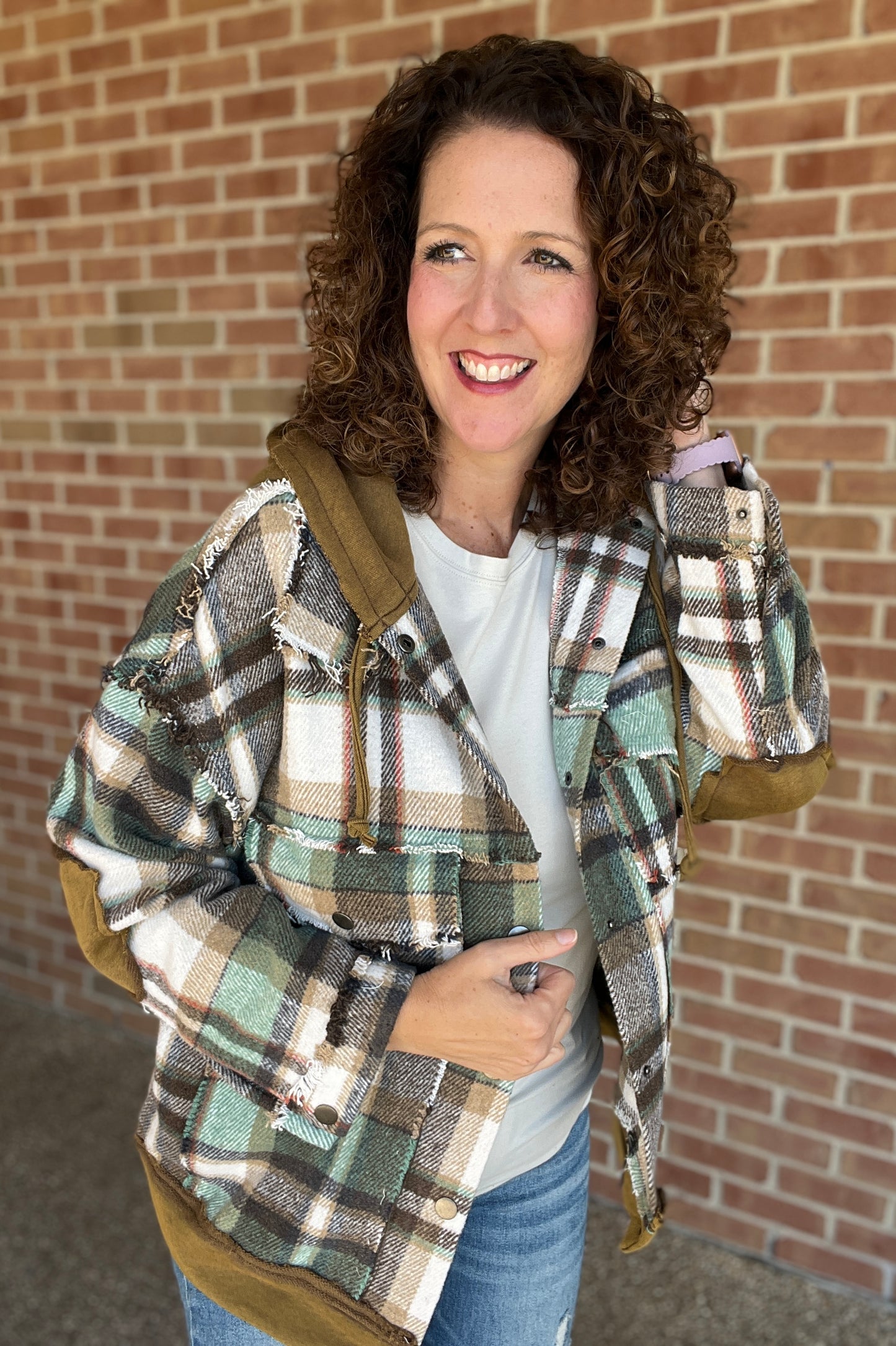 Raw Edge Plaid Shacket with Hood