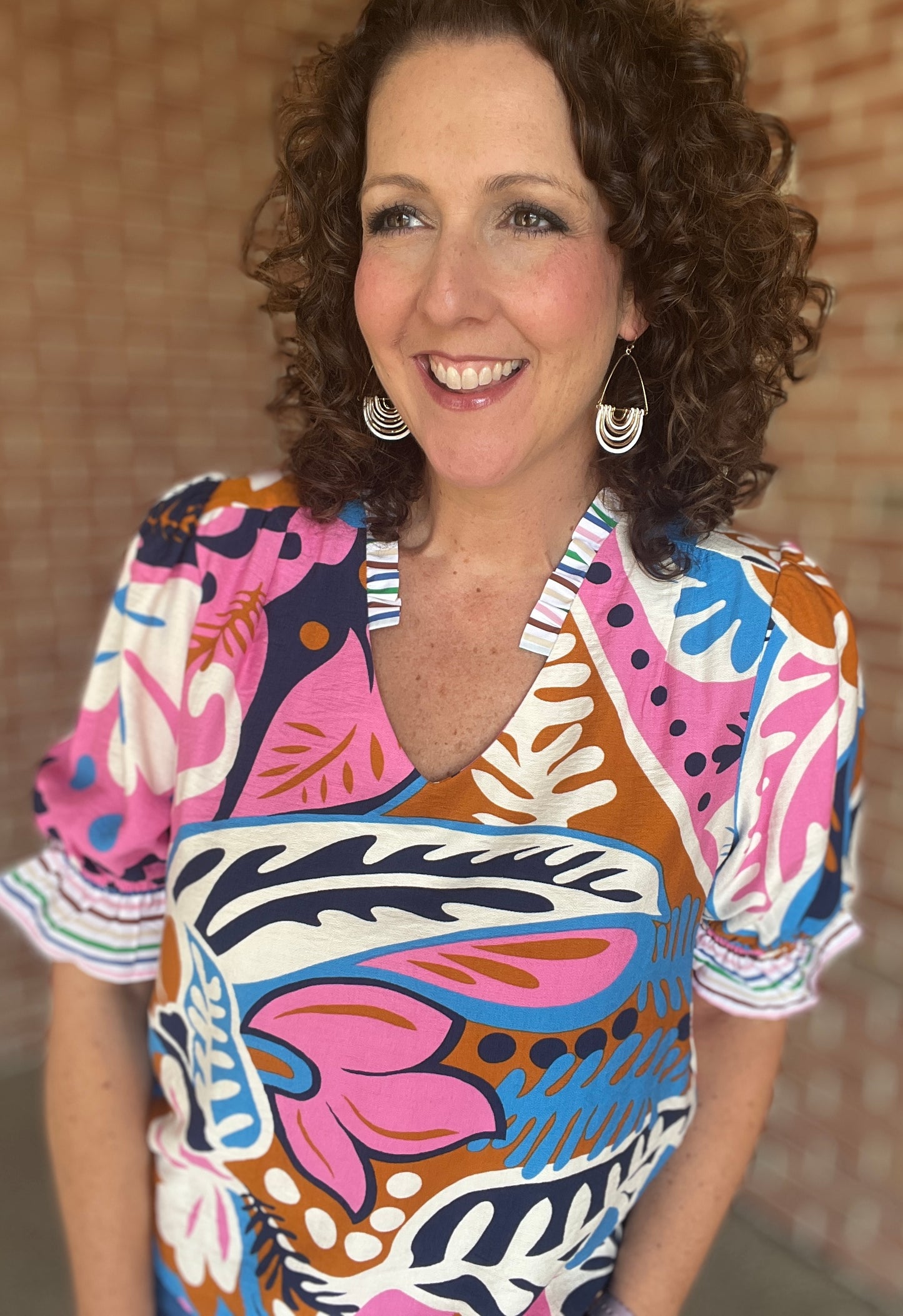 Floral Puff Sleeve Top with Striped Trim