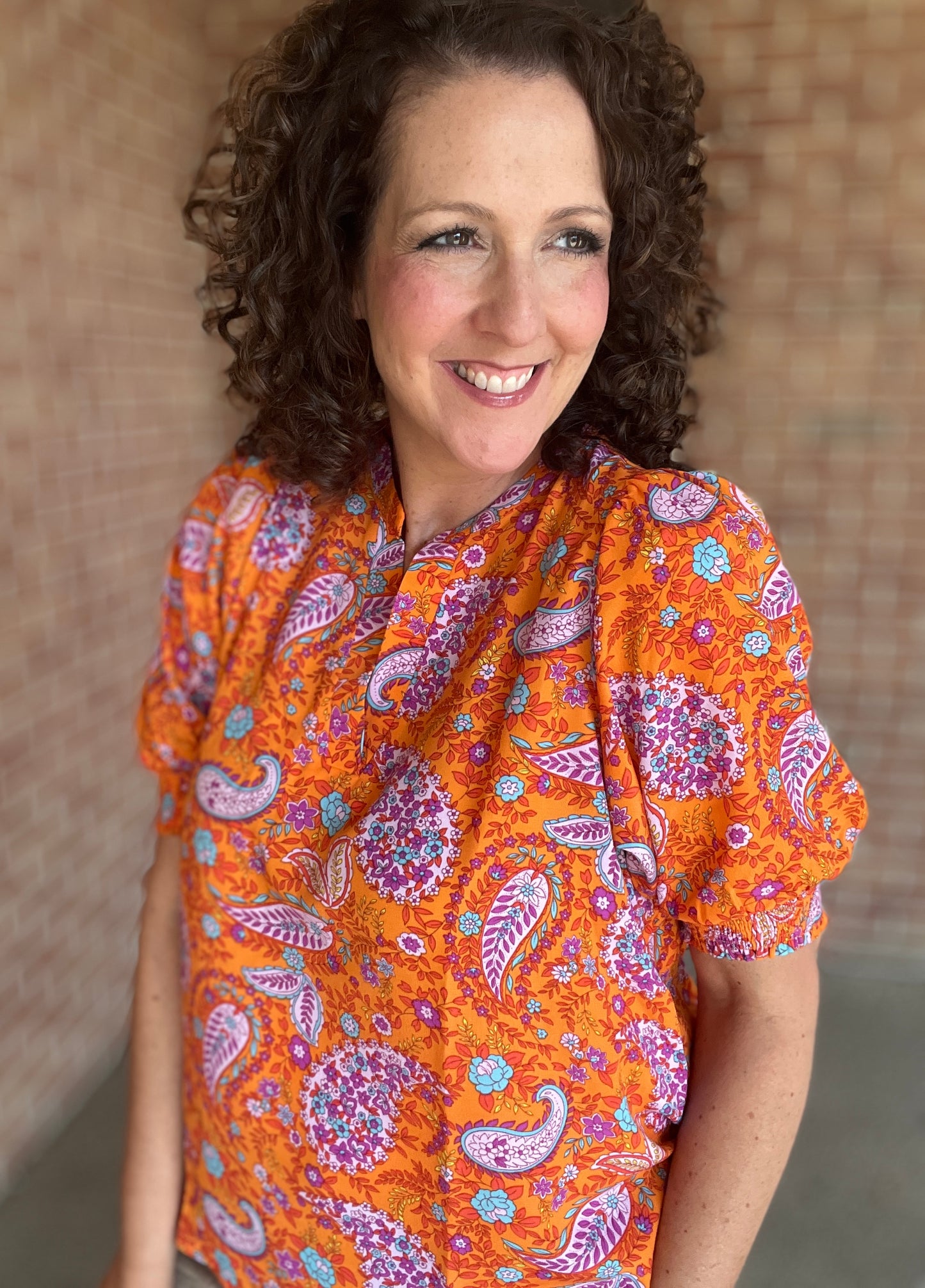 Paisley Split Neck Top with Smocked Sleeves