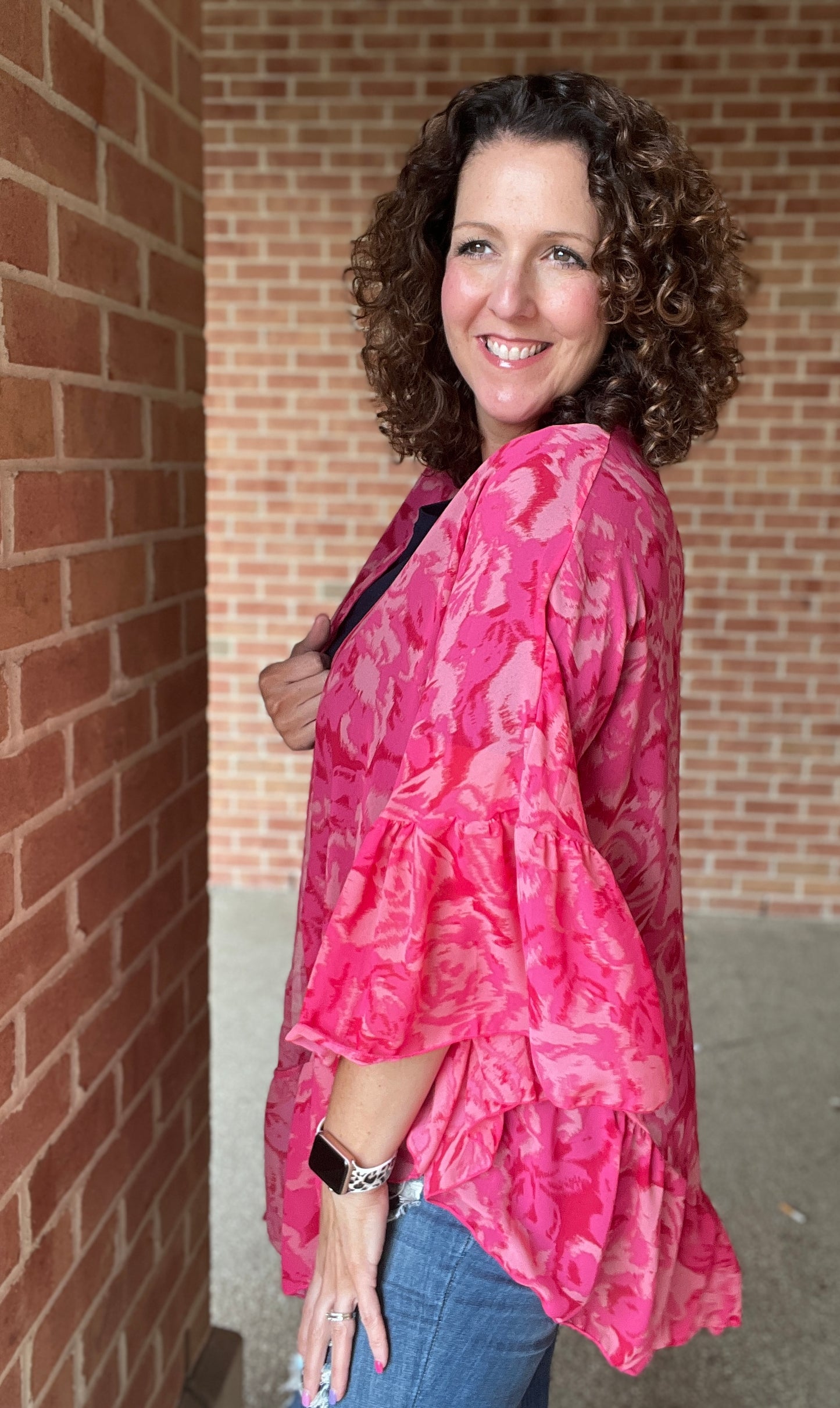Pink Floral Ruffle Sleeve Kimono
