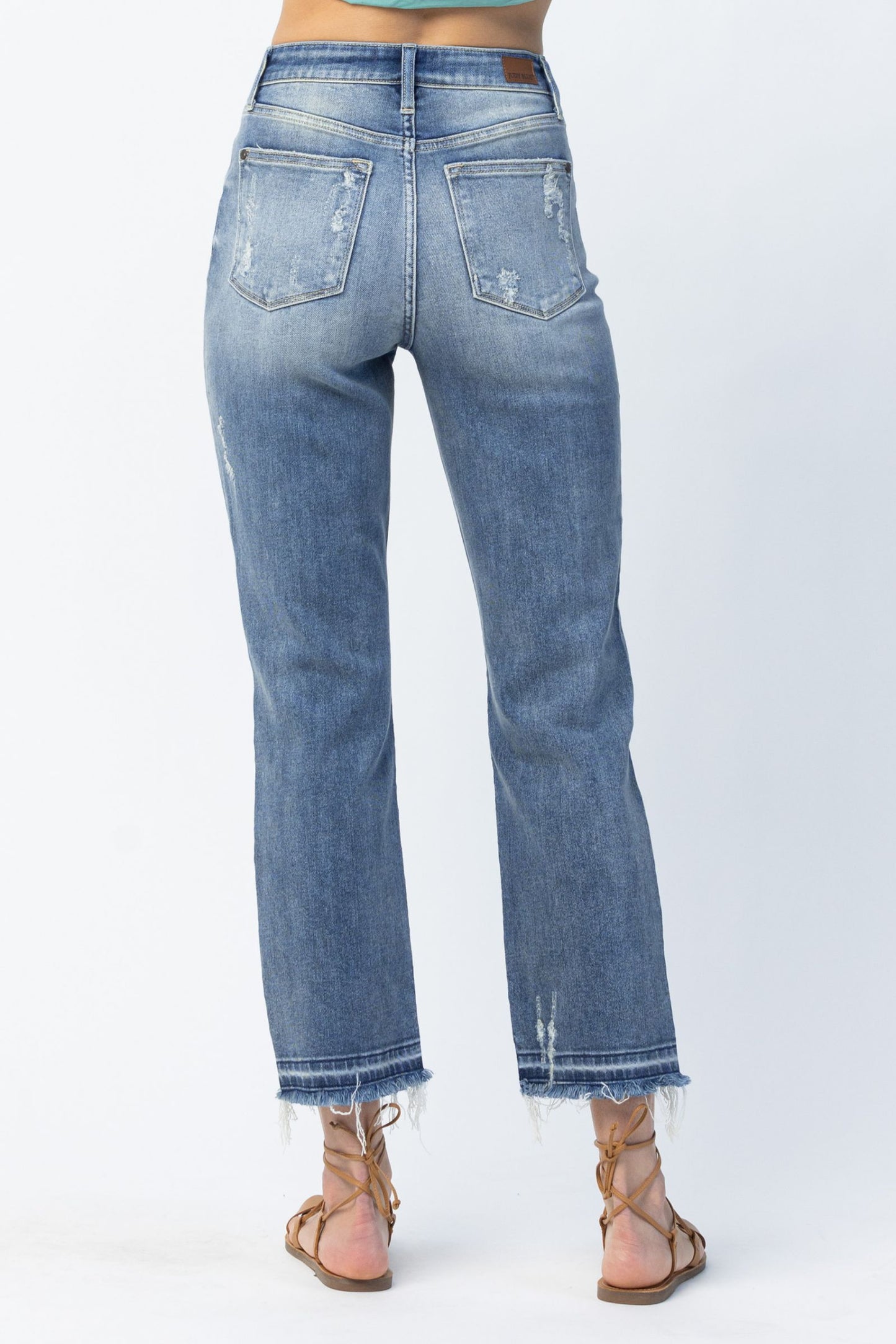 JUDY BLUE Distressed Release Hem Straight Leg Jeans