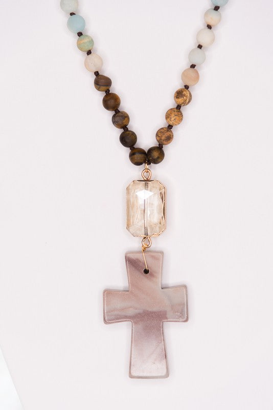 Natural Stone Necklace with Bold Cross