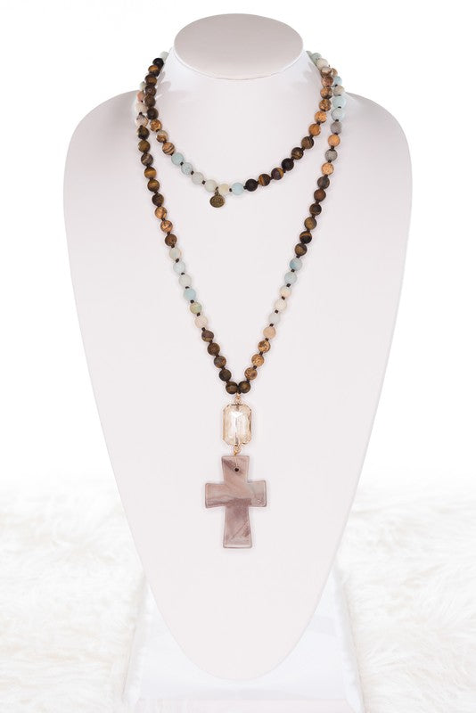 Natural Stone Necklace with Bold Cross
