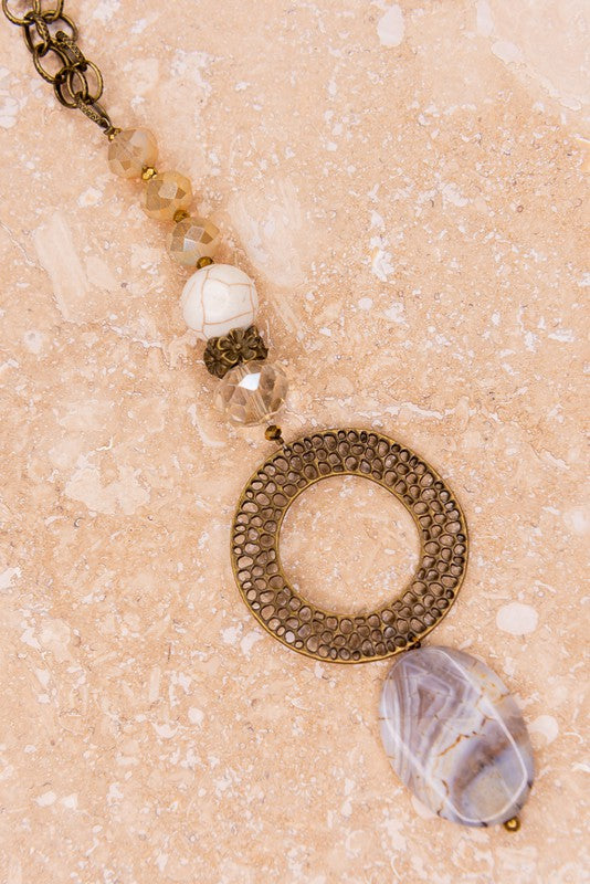 Long Necklace with Round Pendant and Polished Stone