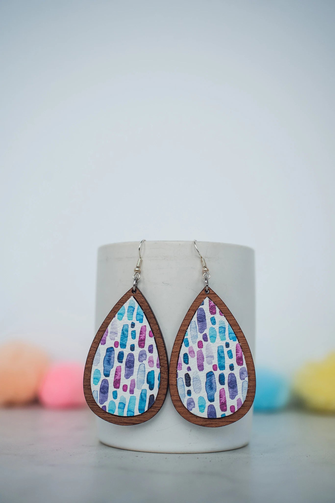 Watercolor Rain Leather and Wood Teardrop Earrings