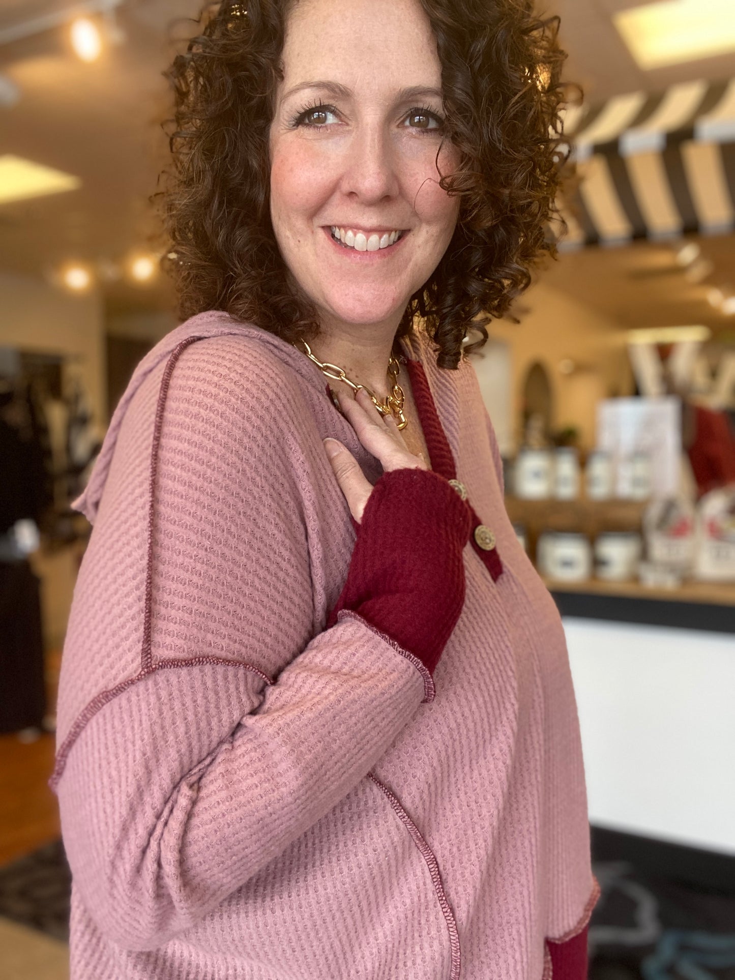 Colorblock Waffle Hoodie with Buttons