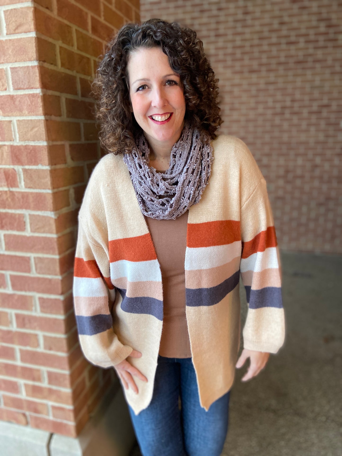 Multi Stripe Open Cardigan with Puff Sleeves