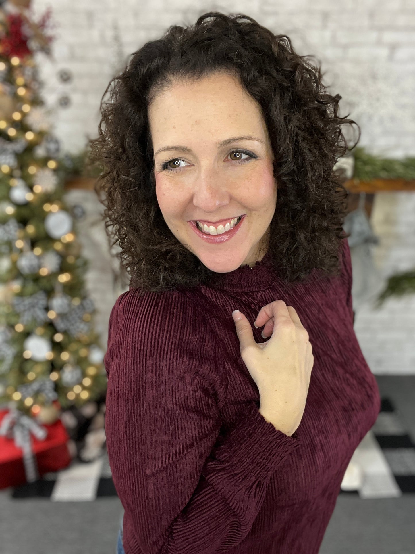 Mock Neck Ribbed Velvet Top