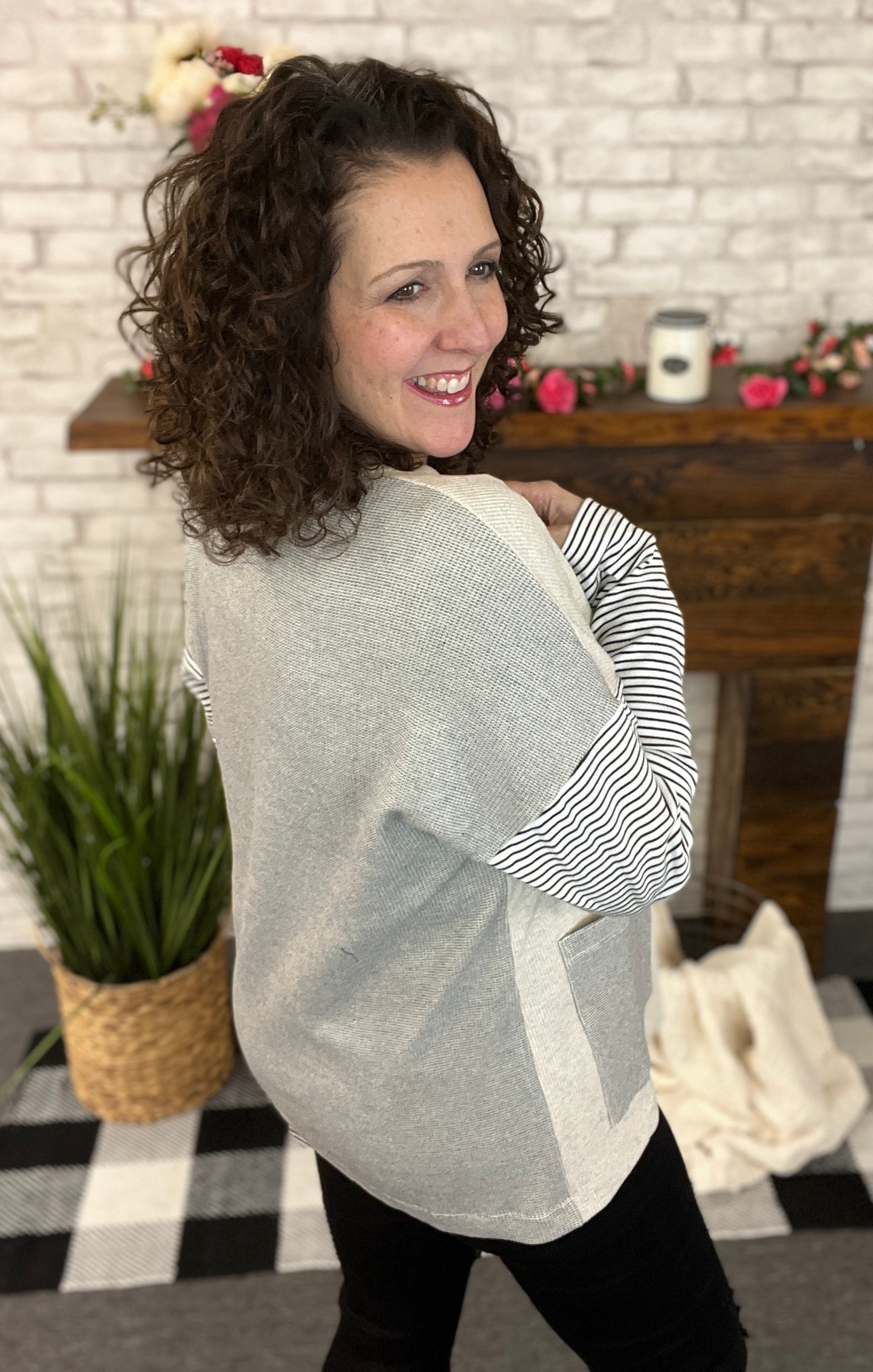 Waffle Knit Cardigan with Striped Sleeves