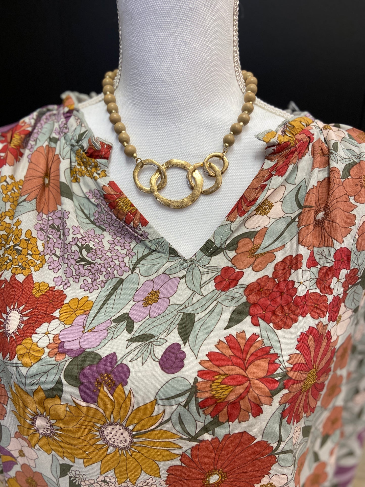 Wood Bead and Hammered Ring Necklace