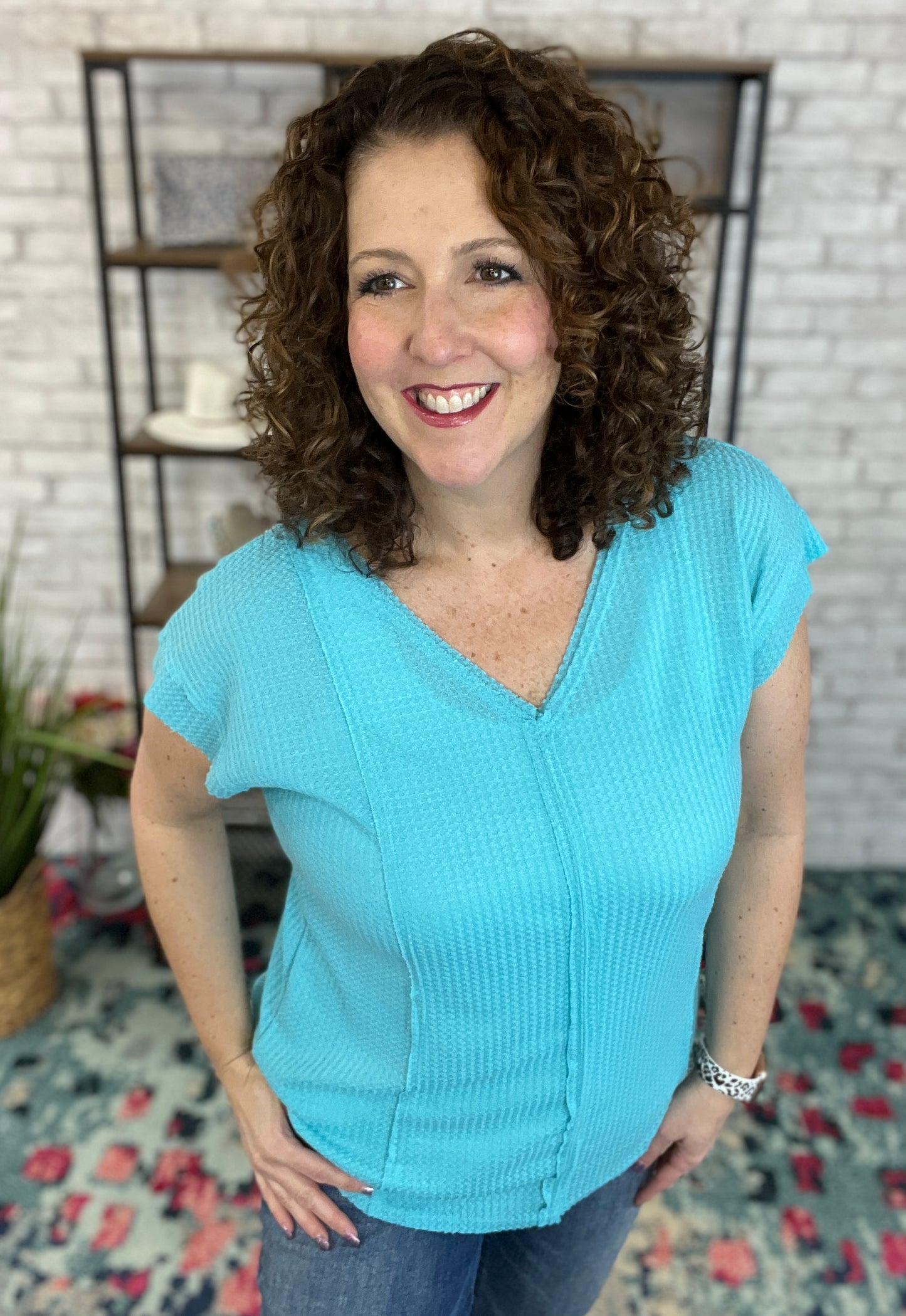 V Neck Waffle Knit Top