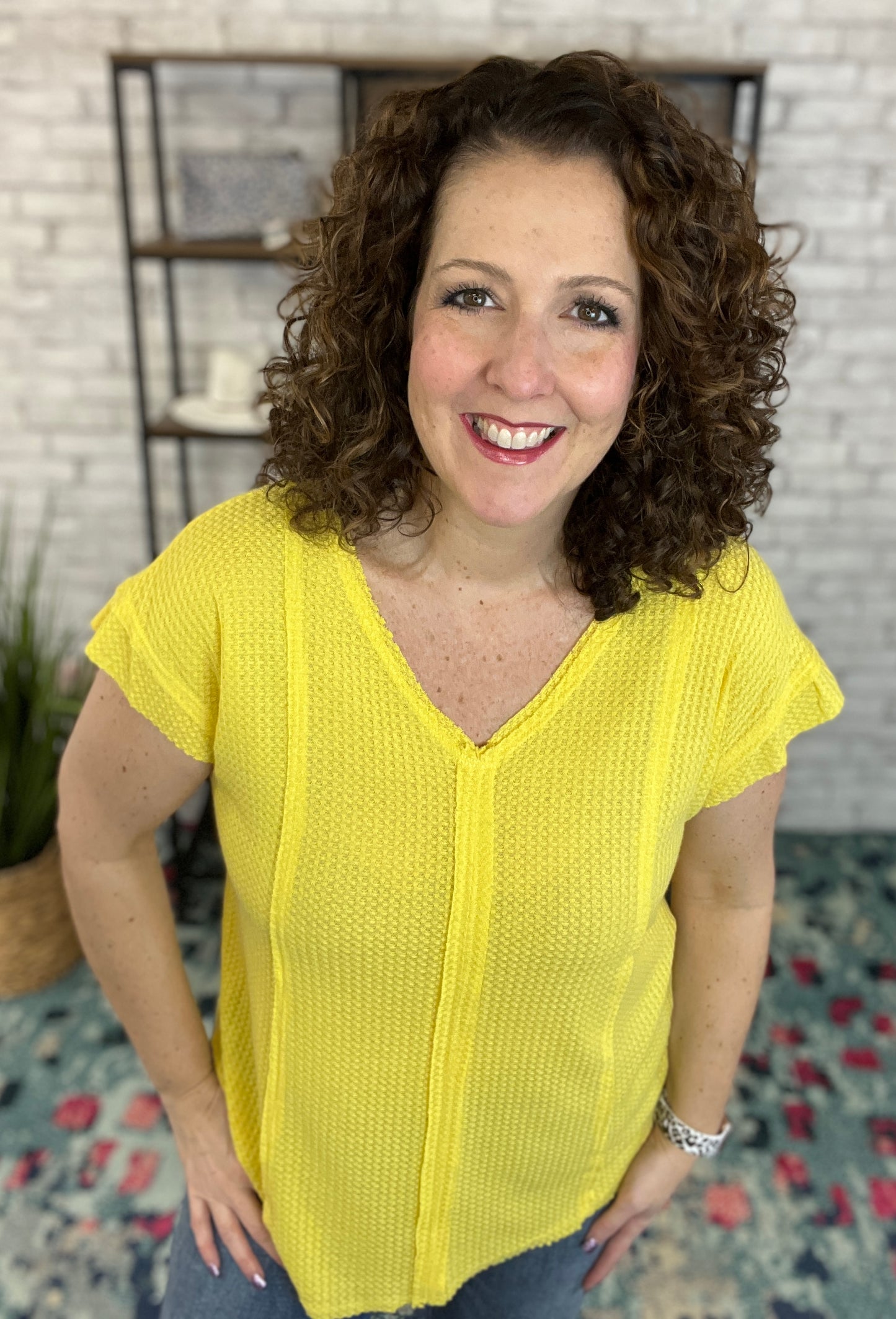 V Neck Waffle Knit Top