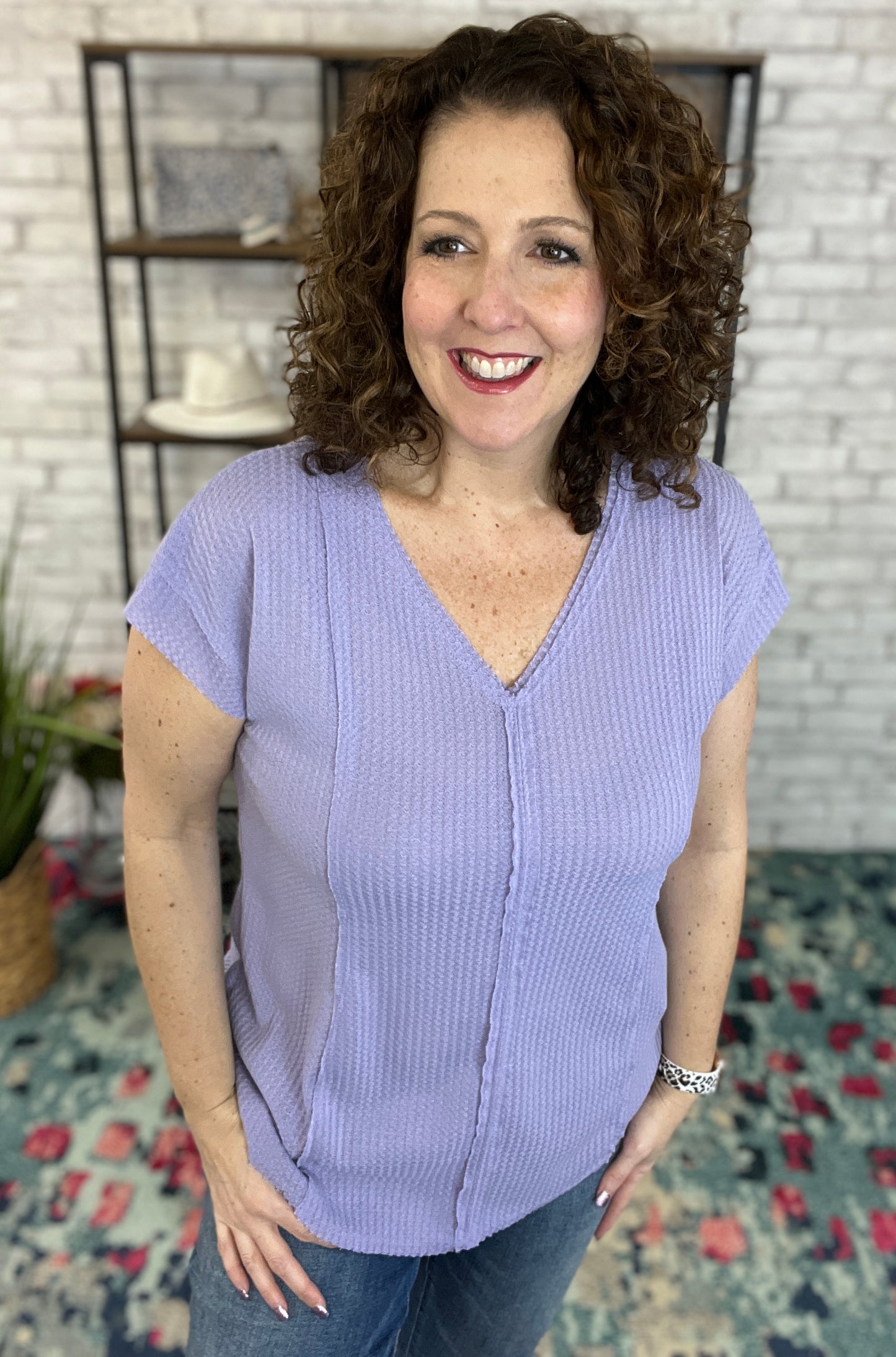 V Neck Waffle Knit Top