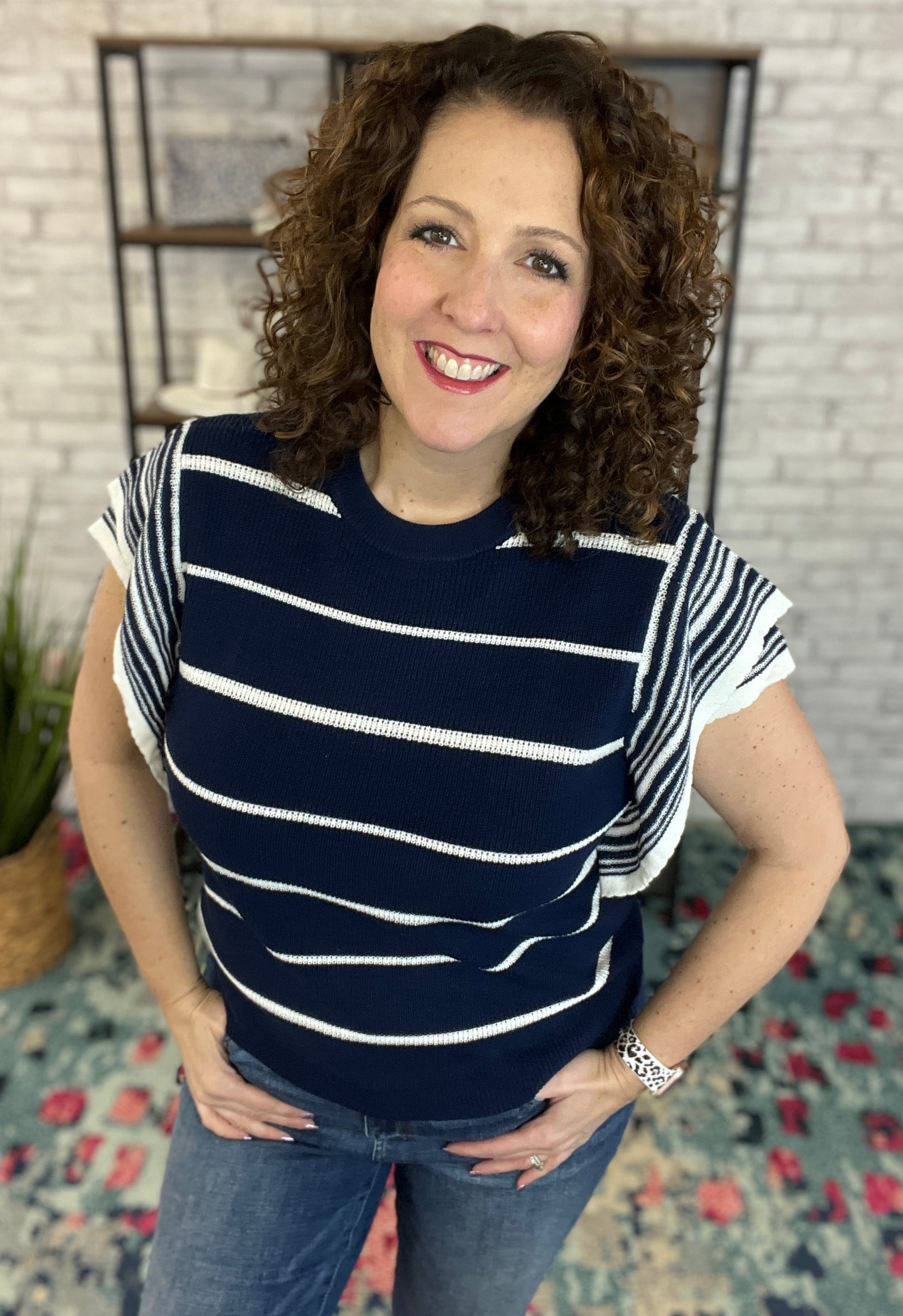 Navy Striped Ruffle Sleeve Sweater