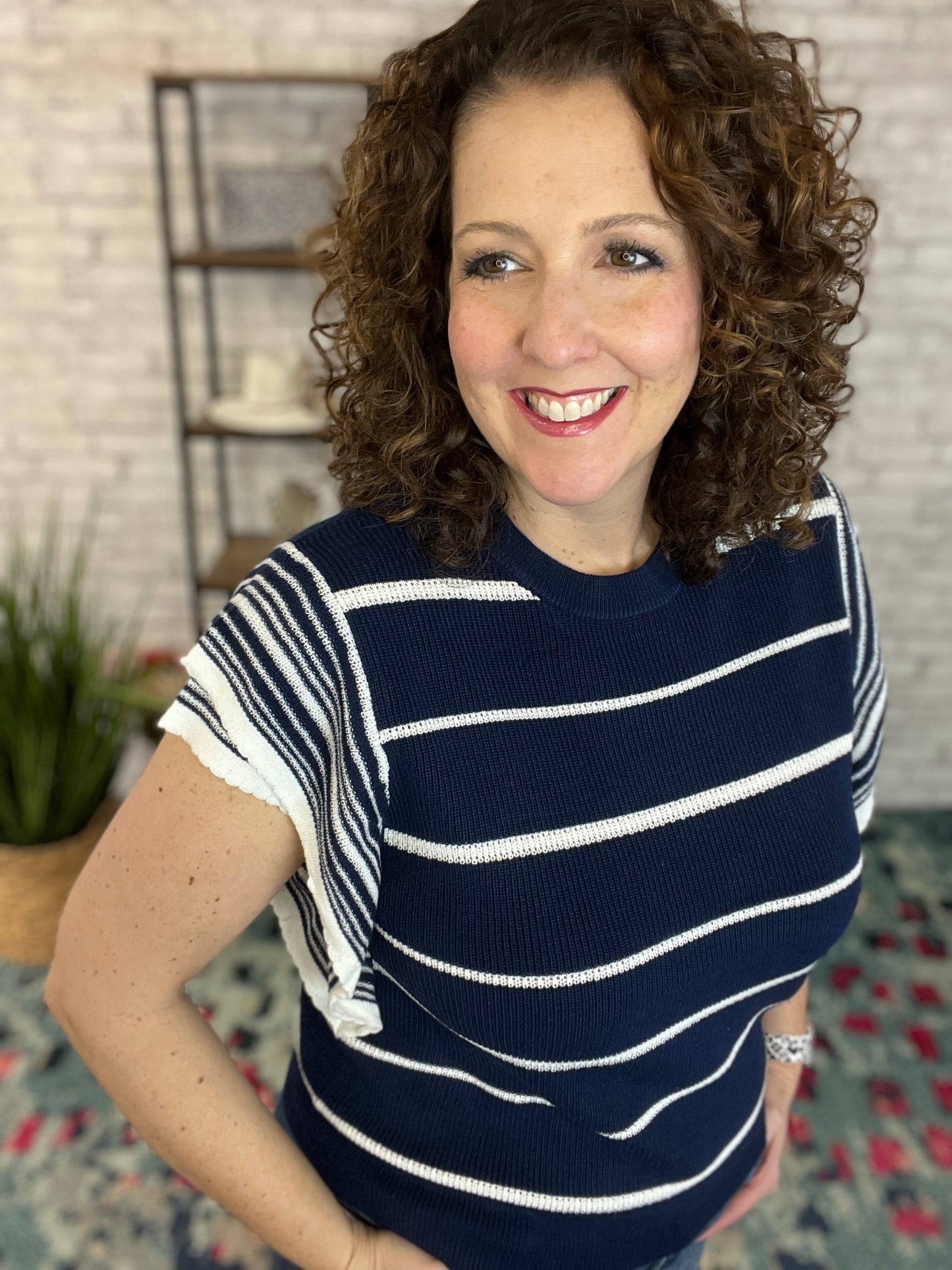 Navy Striped Ruffle Sleeve Sweater