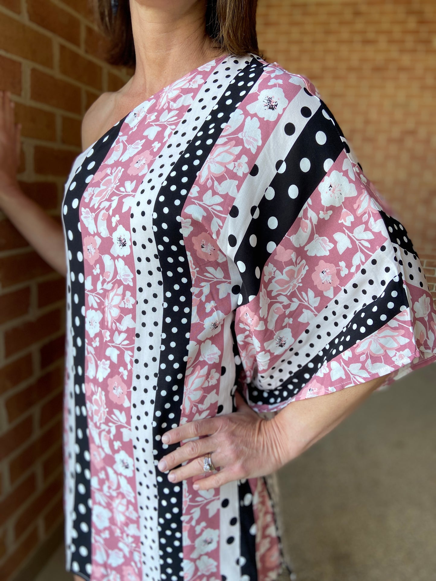 Dot and Floral One Shoulder Dress