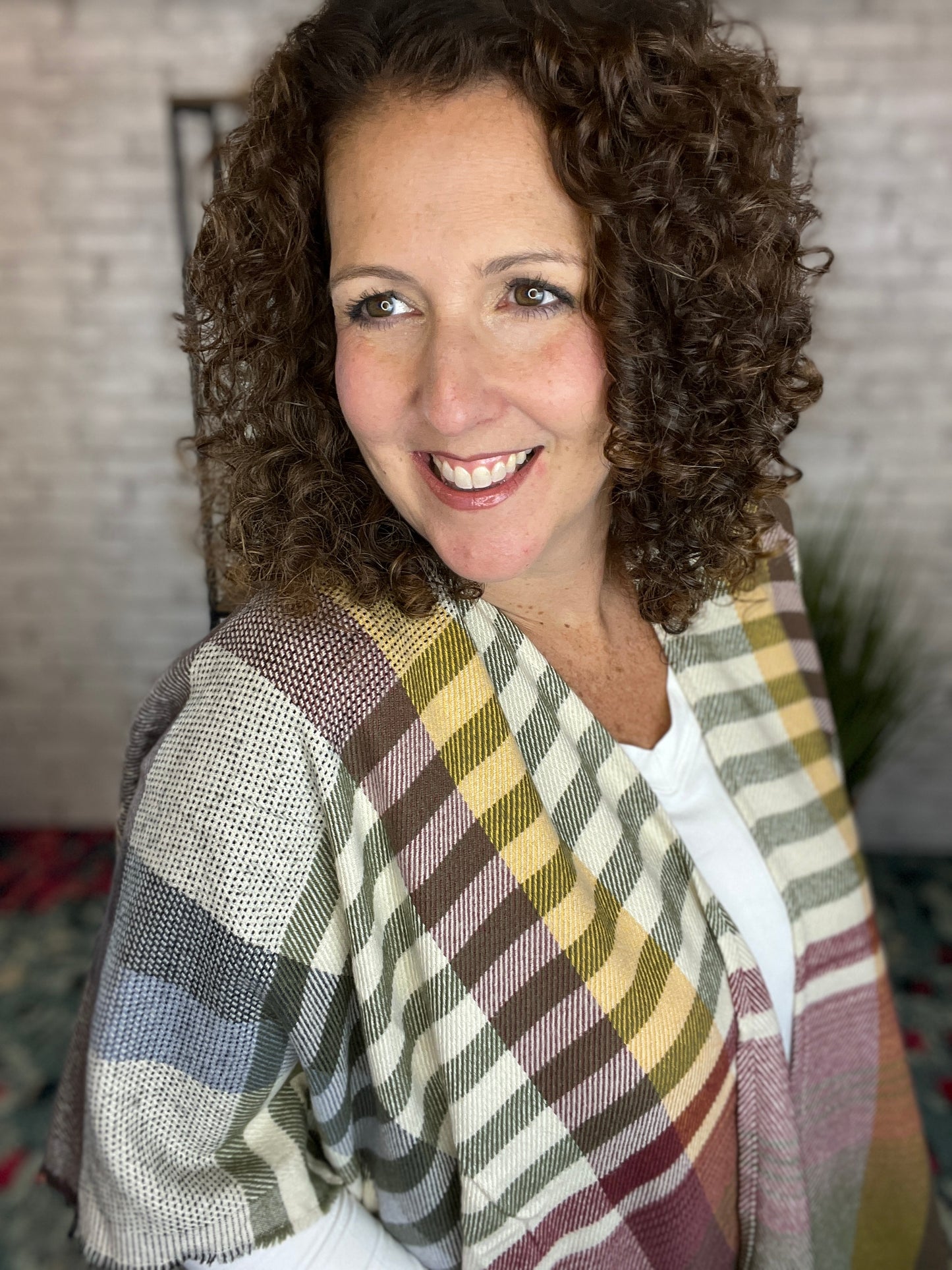 Fringed Plaid Poncho with Pockets
