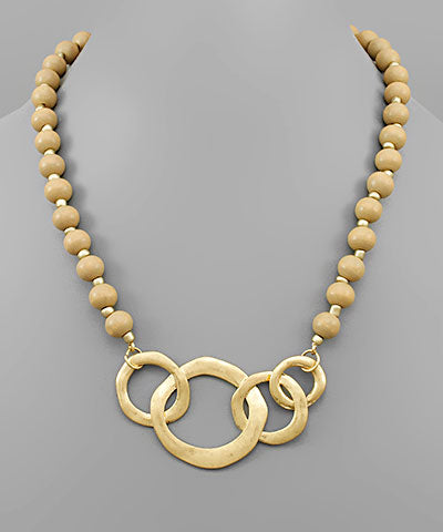 Wood Bead and Hammered Ring Necklace