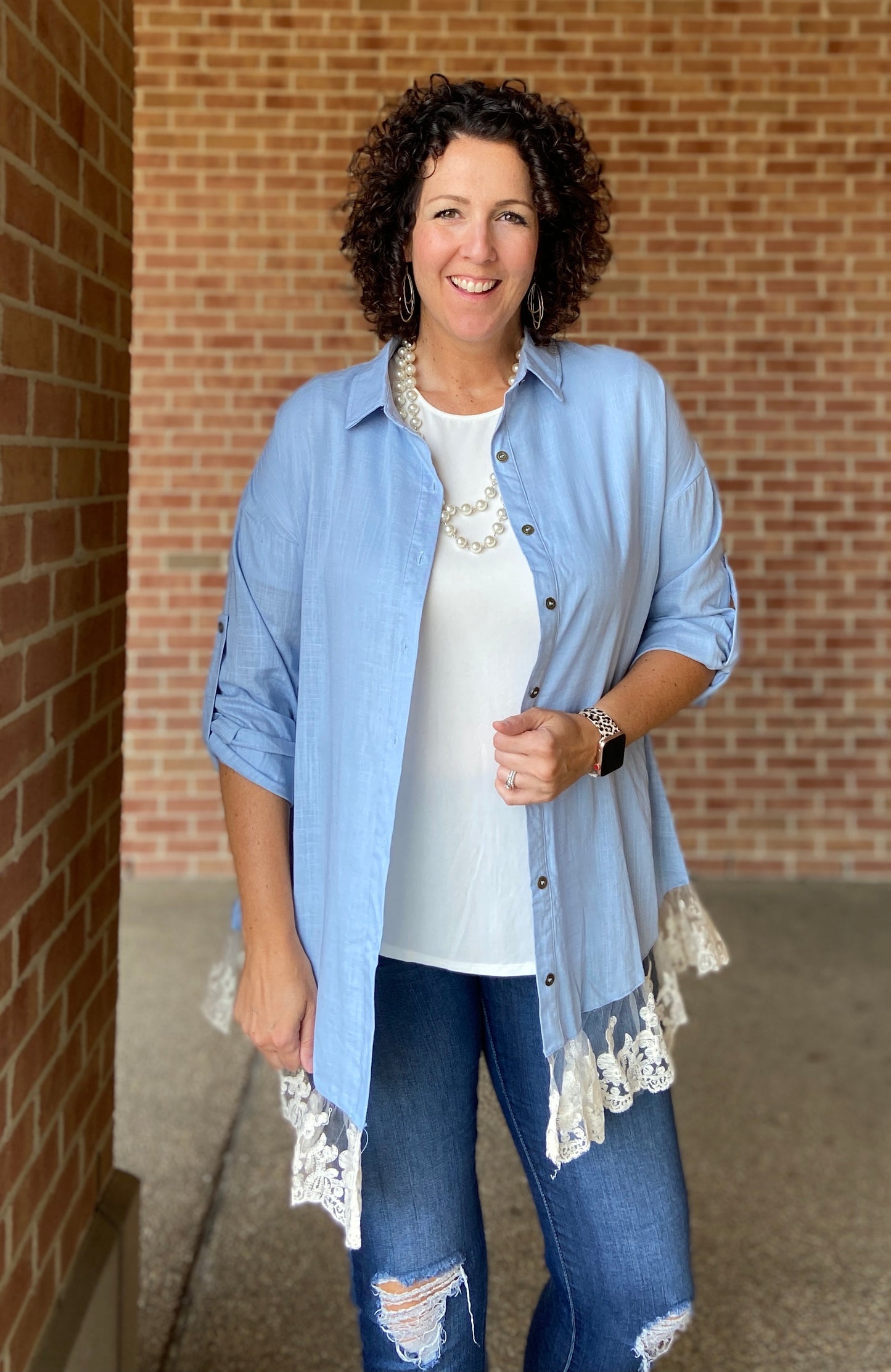 Linen Blend Chambray Top with Lace Trim