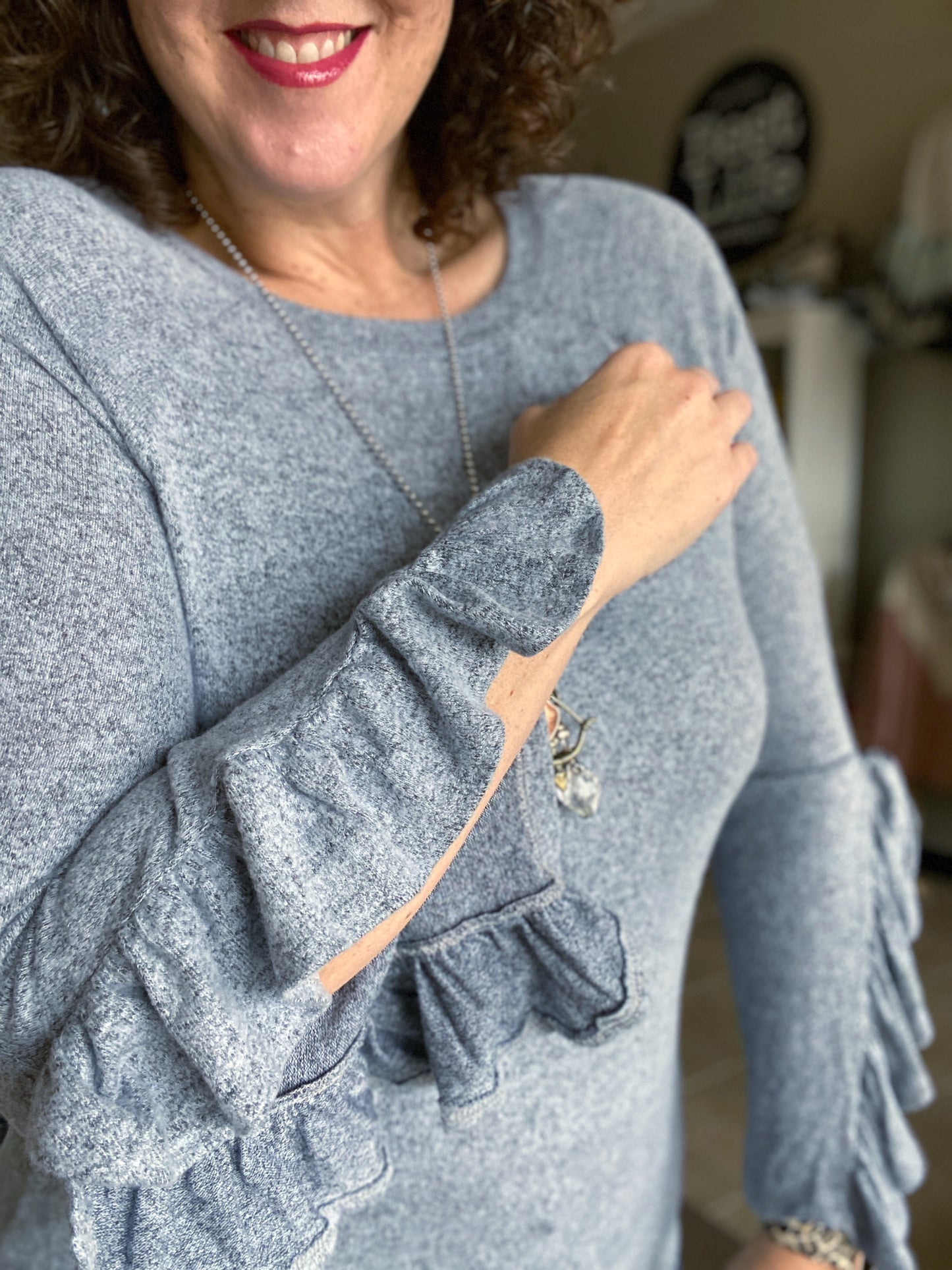 Ruffled Open Sleeve Knit Top - PALE BLUE