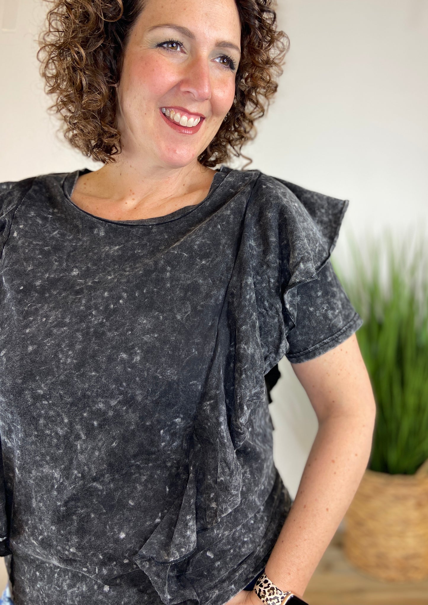 Acid Wash Ruffled Top - VINTAGE BLACK