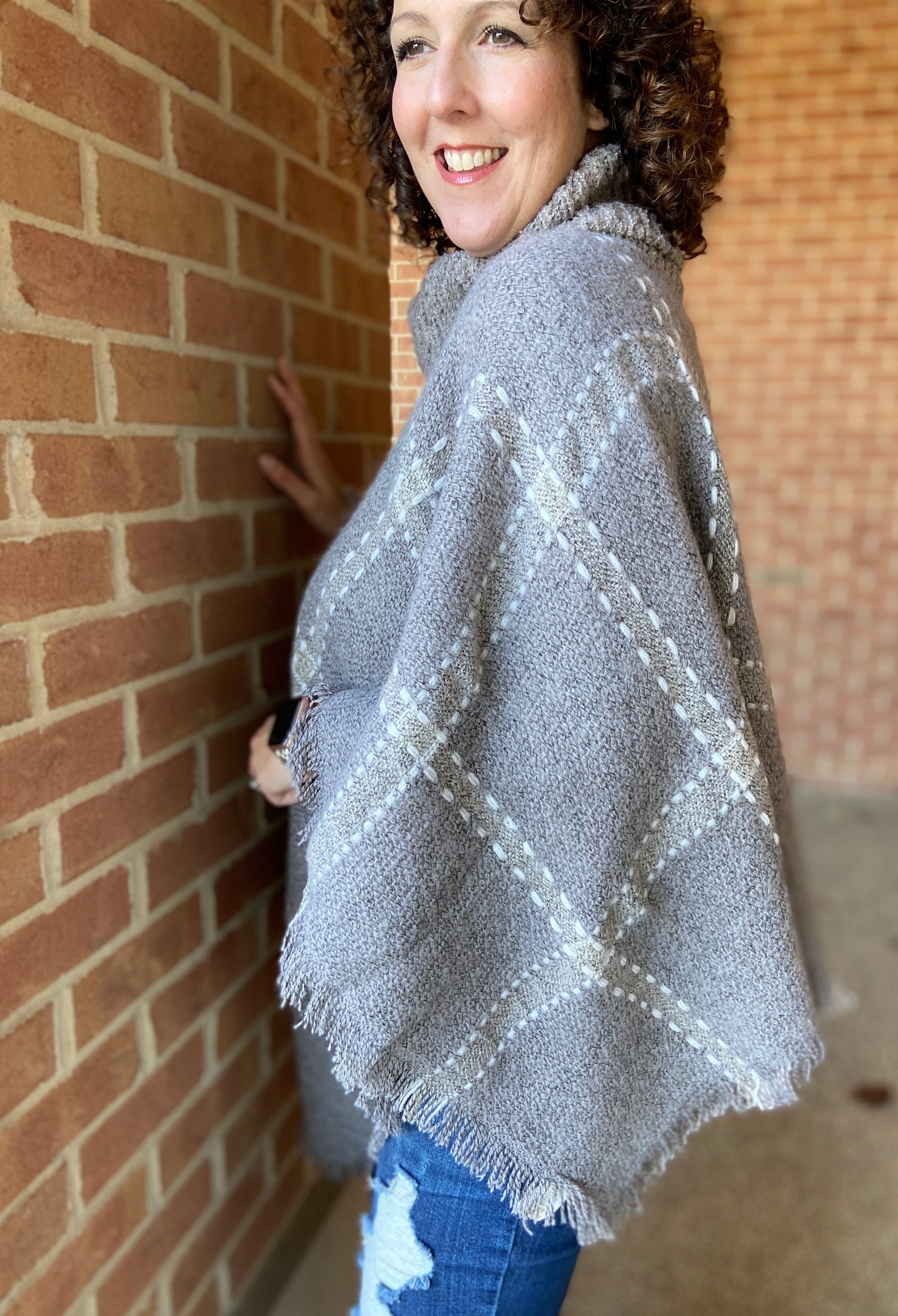 Big Plaid Cowl Neck Poncho - LIGHT GRAY