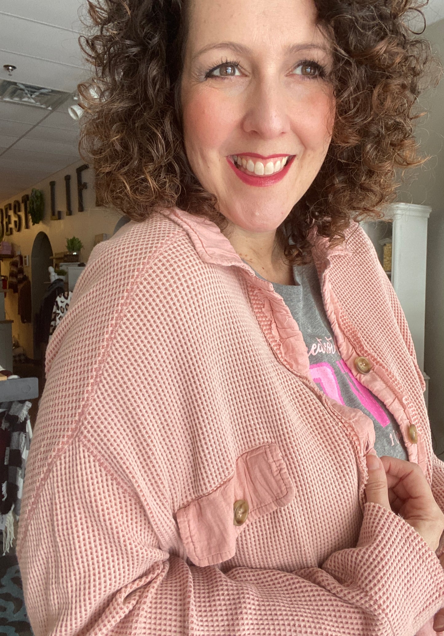 Vintage Wash Waffle Knit Shirt - ROSE