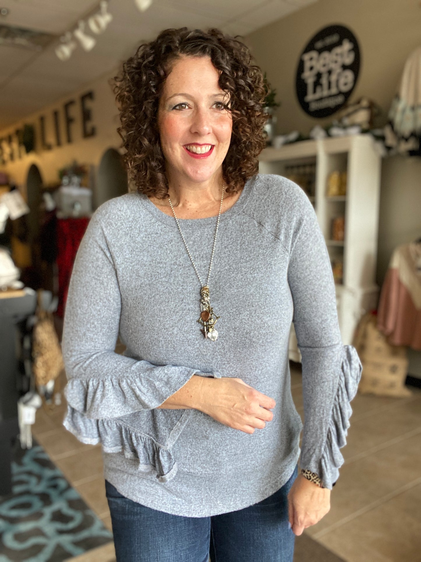 Ruffled Open Sleeve Knit Top - PALE BLUE