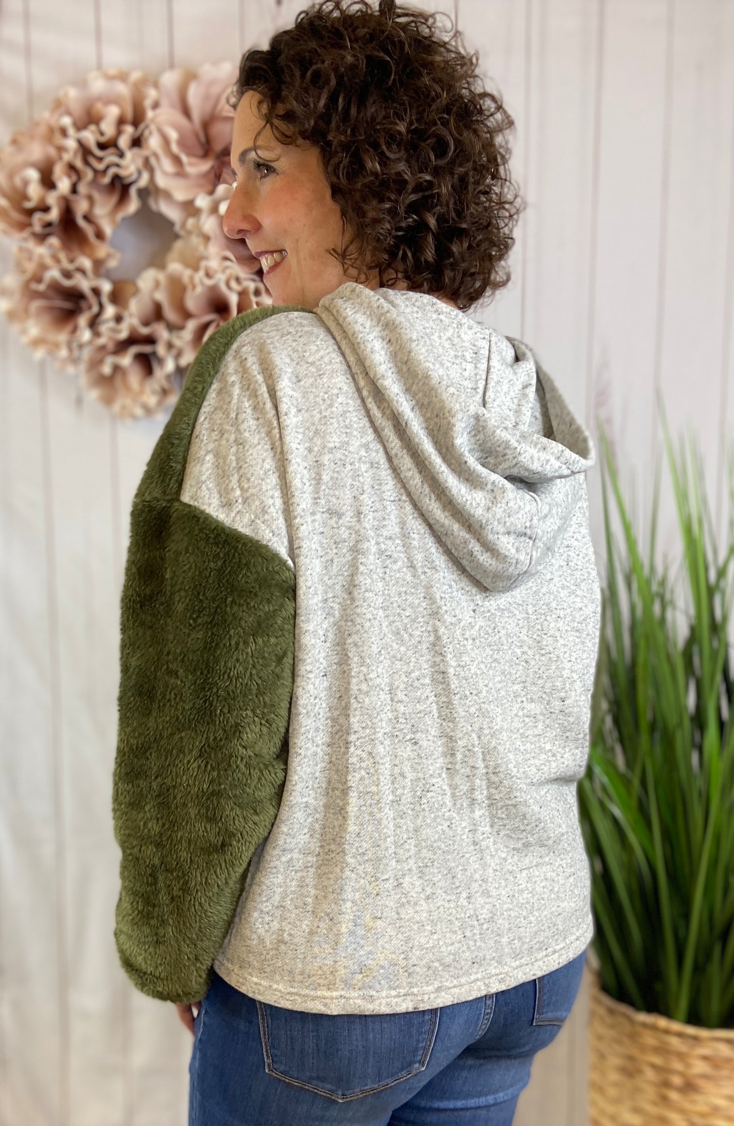 Fuzzy Knit Half-Zip Hooded Pullover - OLIVE