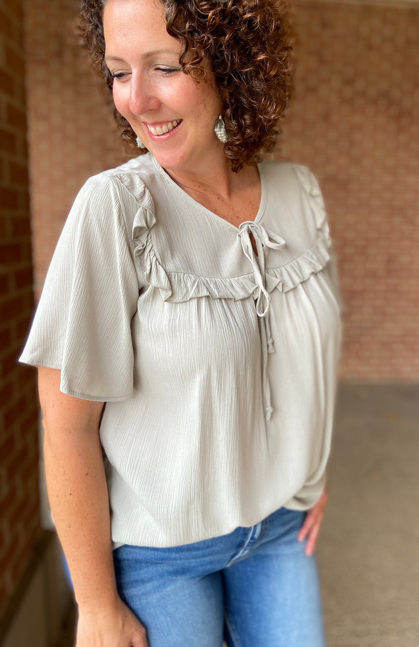 Ruffled Yoke Tie Neck Open Blouse