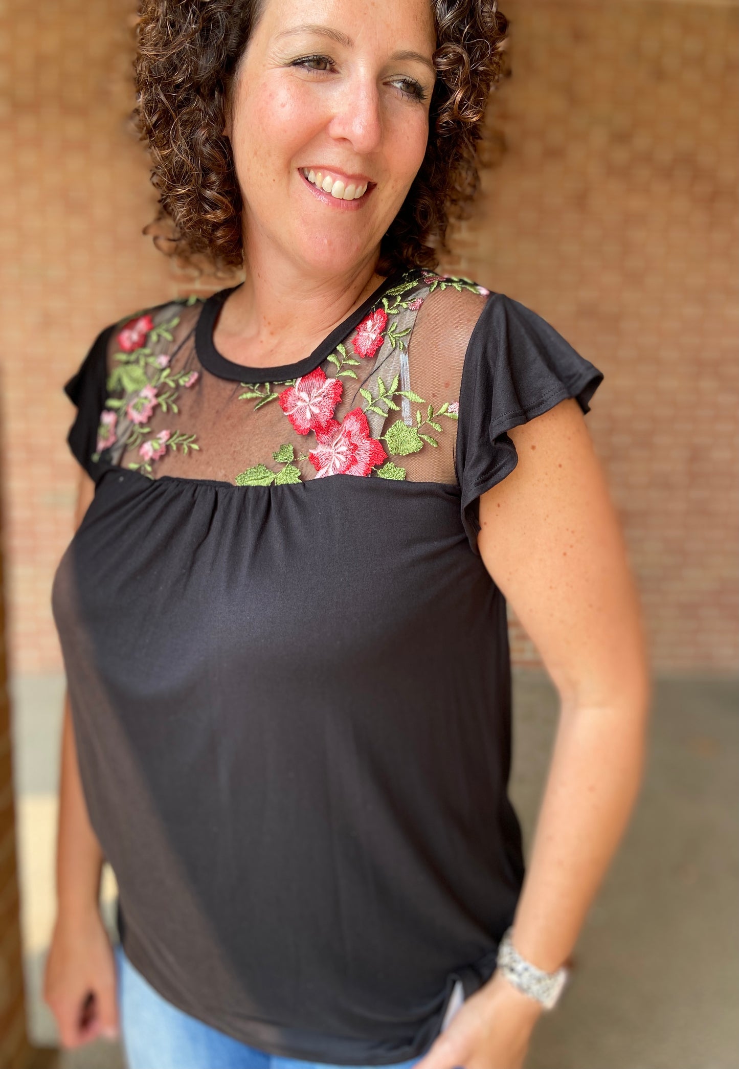 Floral Mesh Yoke Top