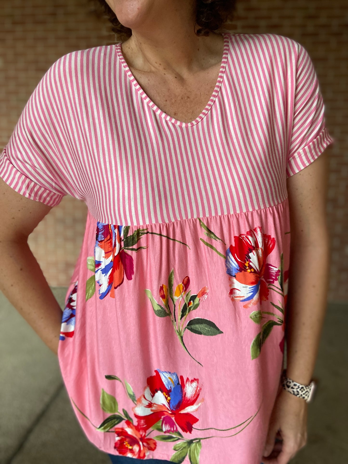 Pinstripe and Floral Babydoll Top